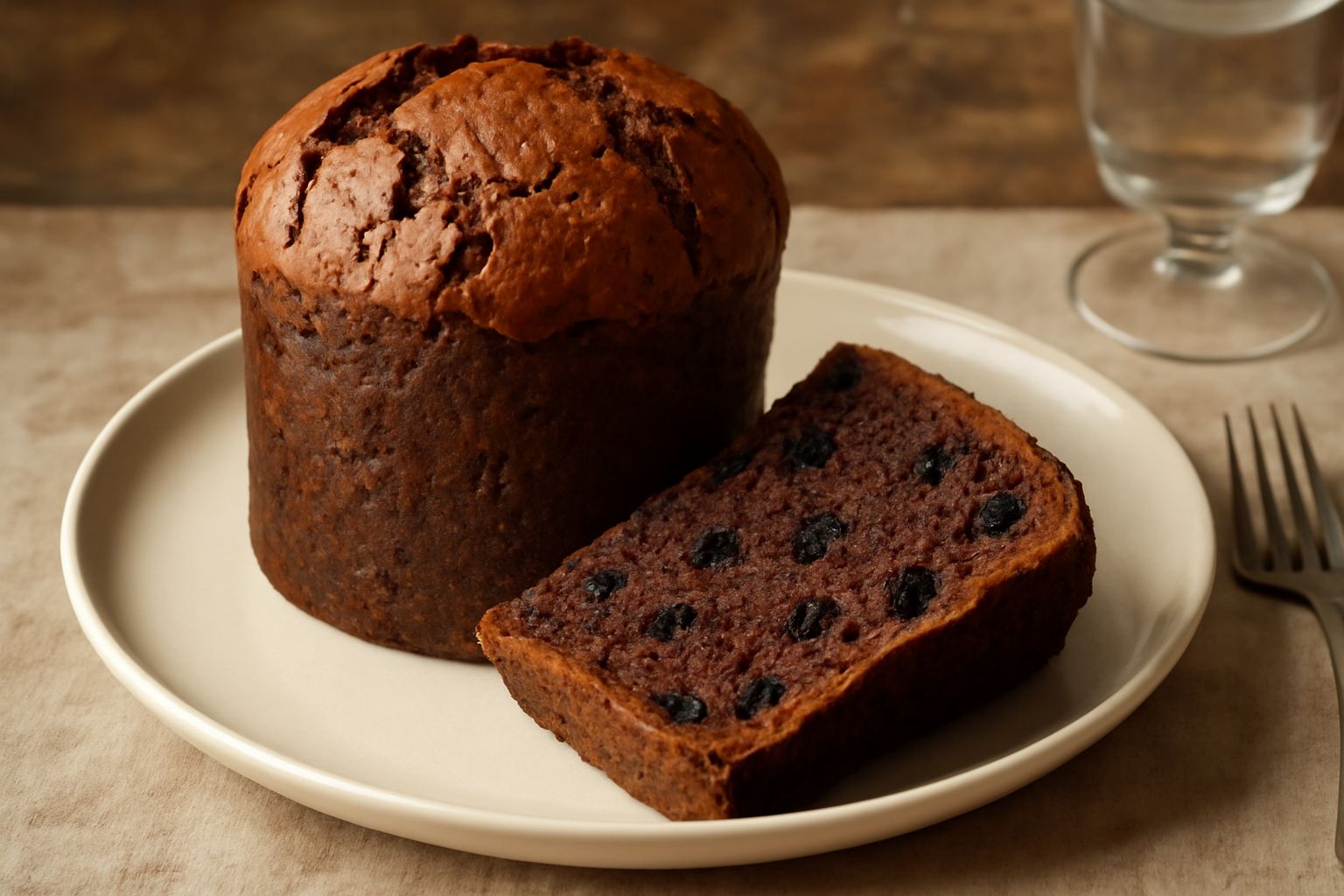 Panettone scuro affettato su un piatto bianco, con crosta dorata screpolata in superficie, interno morbido marrone scuro punteggiato di uvetta e frutta candita, accanto una tazza di caffè e un tovagli
