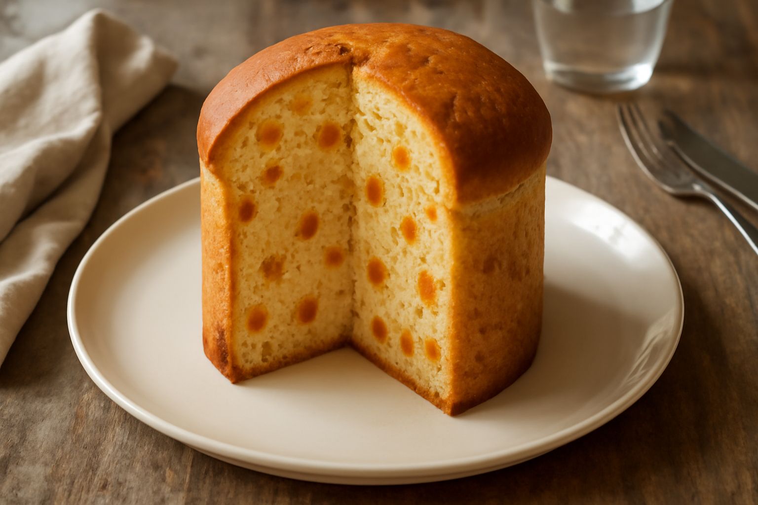 Panettone siciliano tagliato a fette in piatto bianco, con visibili cubetti di frutta candita arancione e gialla, mollica bionda e soffice, guarnito con canditi in superficie