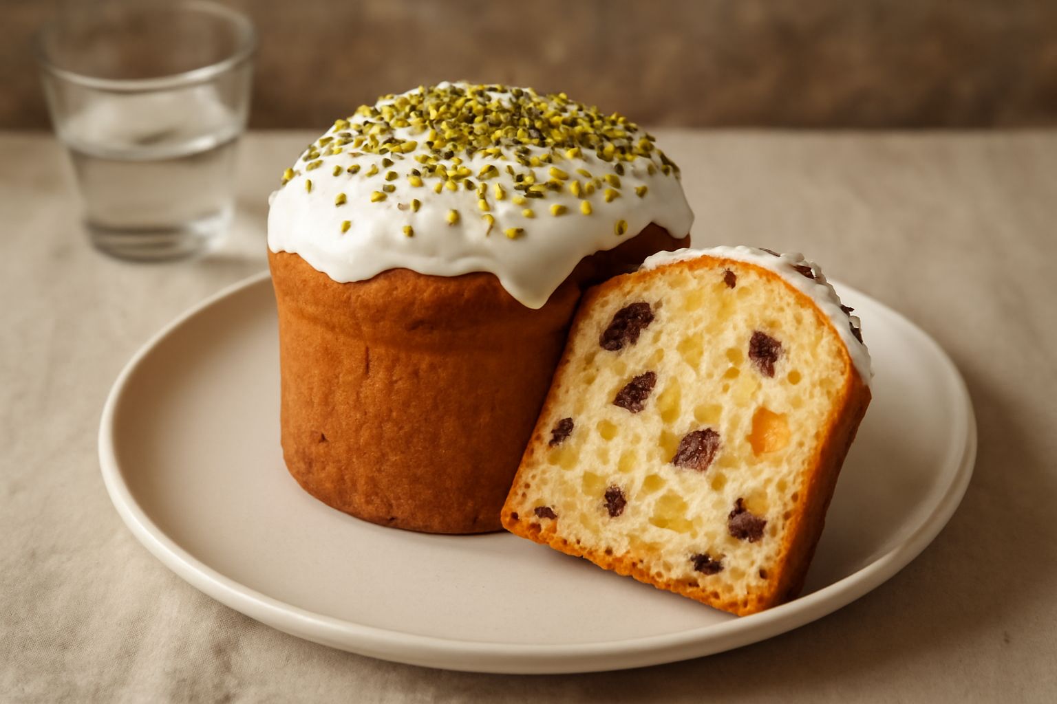 Un panettone di forma cilindrica color oro chiaro, leggermente bombato in cima, coperto di glassa bianca con pistacchio tritato, su piatto bianco con fettine di panettone che mostrano la miga areata c