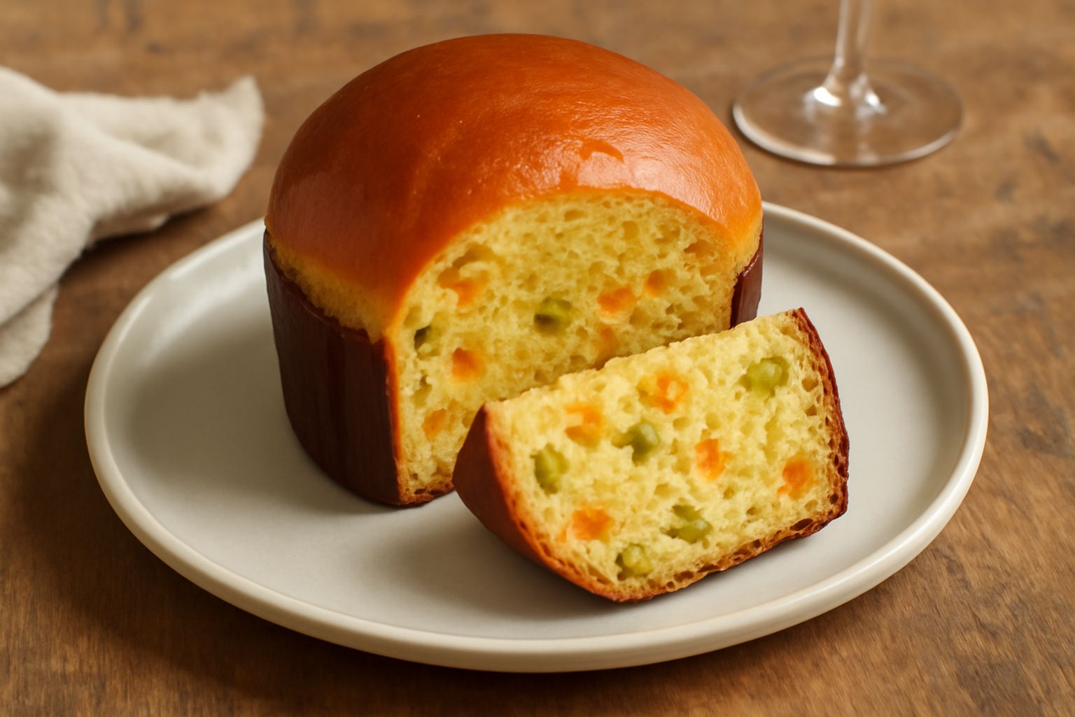 Panettone siracusano affettato, di colore giallo dorato, con visibili i canditi di agrumi arancioni e gialli all'interno, su un piatto bianco con una tazza di caffè sullo sfondo