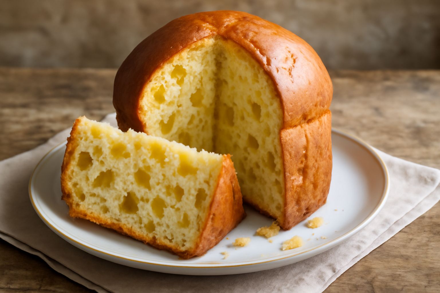 Panettone sorrentino affettato con crema al limoncello, canditi visibili giallo limone e bianco cedro, su piatto bianco con scorza di limone fresco accanto