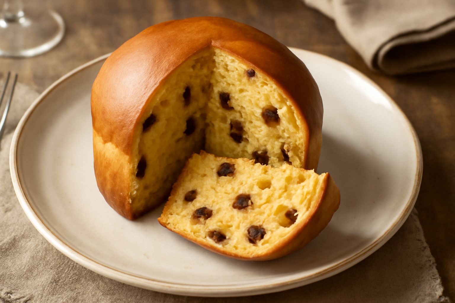Panettone speziato affettato con mollica gialla e soffice, canditi visibili all'interno, guarnito con zucchero a velo sulla sommità, su piatto bianco con forchetta