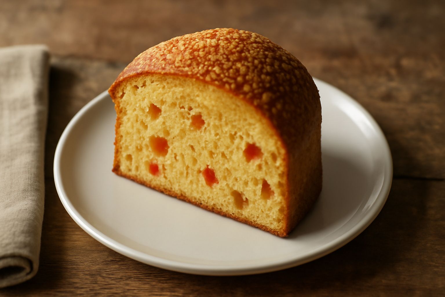 Panettone speziato tagliato in fette, con mollica dorata e soffice, canditi gialli e rossi visibili, guarnito con zucchero di canna sulla cima, servito su piatto bianco con una tazza di caffè accanto