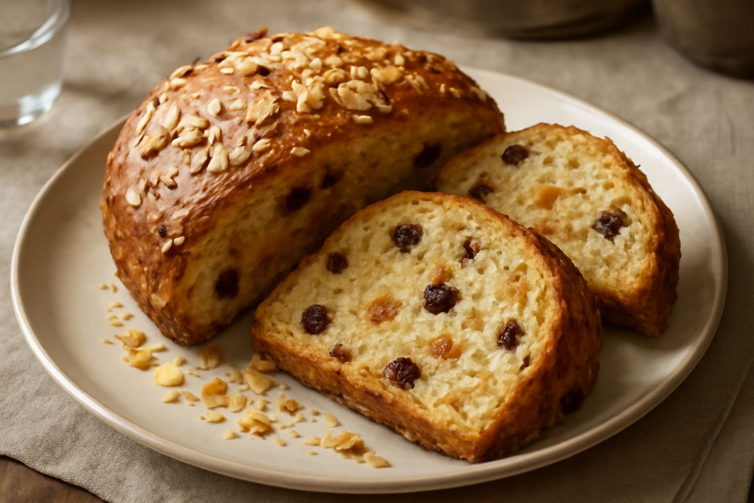 Panettone spezziato tagliato a fette su un piatto bianco, mostra l'impasto giallo con uvetta scura e canditi, crosta dorata con zucchero semolato e mandorle, fetta appoggiata di lato