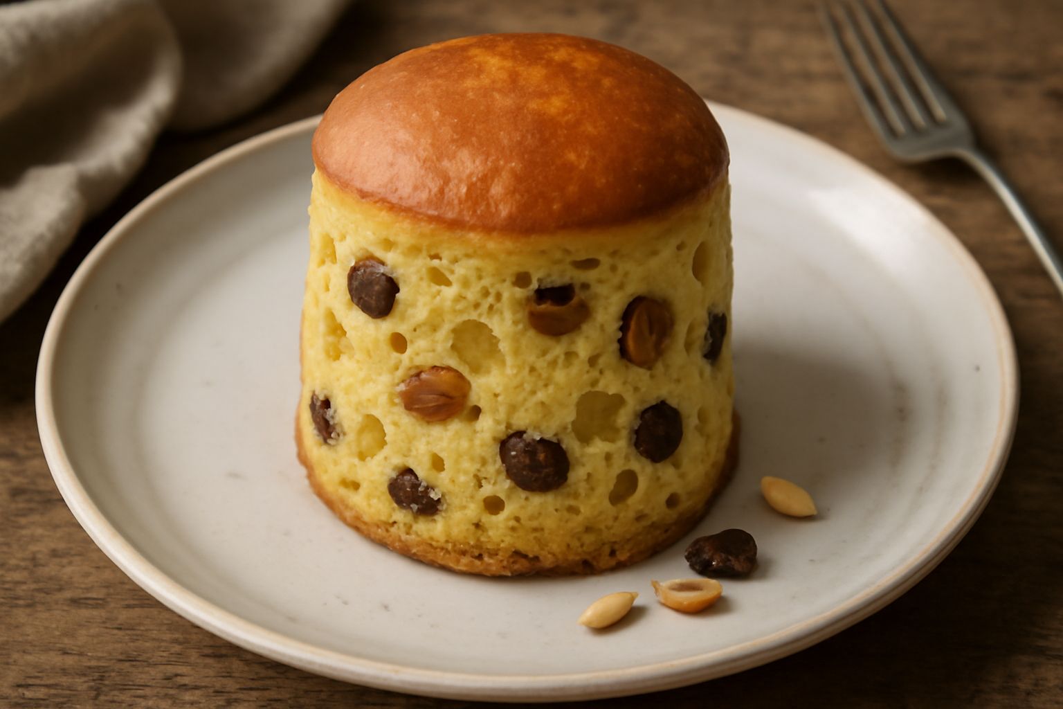 Panettone spezzino appena sfornato, di forma cilindrica bassa con crosta dorata uniforme, uvetta e pinoli visibili in superficie, posato su carta da forno bianca, fetta tagliata che mostra l'interno m
