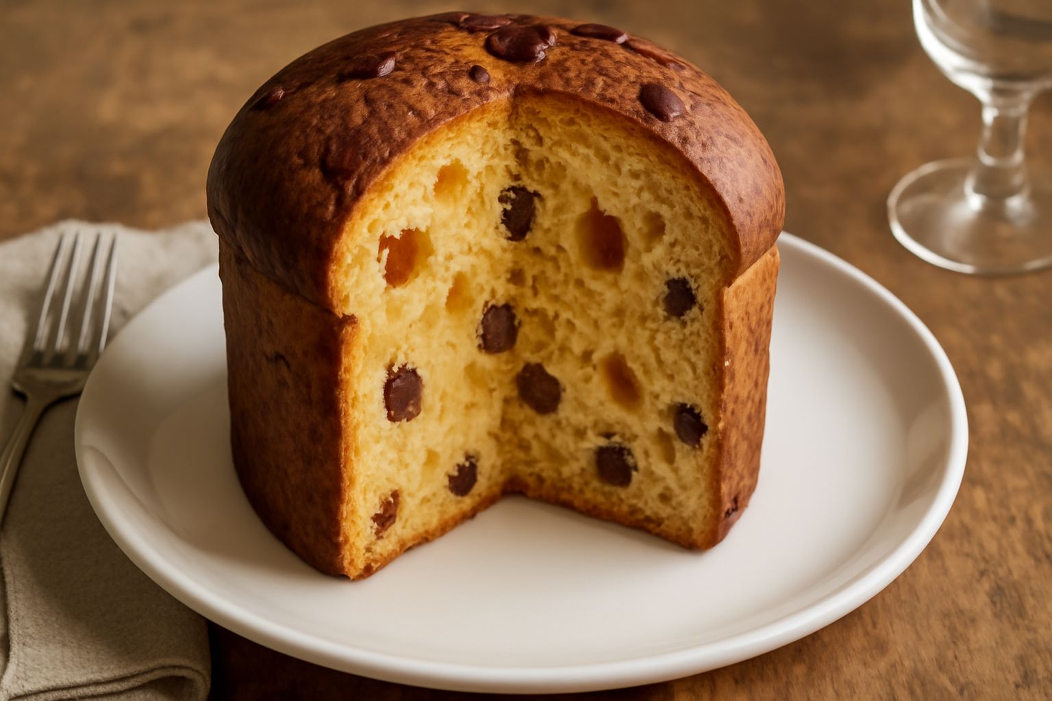 Panettone spumante intero con crosta marrone dorata riccamente screpolata, tagliato a fette per mostrare la mollica gialla chiara con uvetta e canditi distribuiti uniformemente, posato su un piatto bi