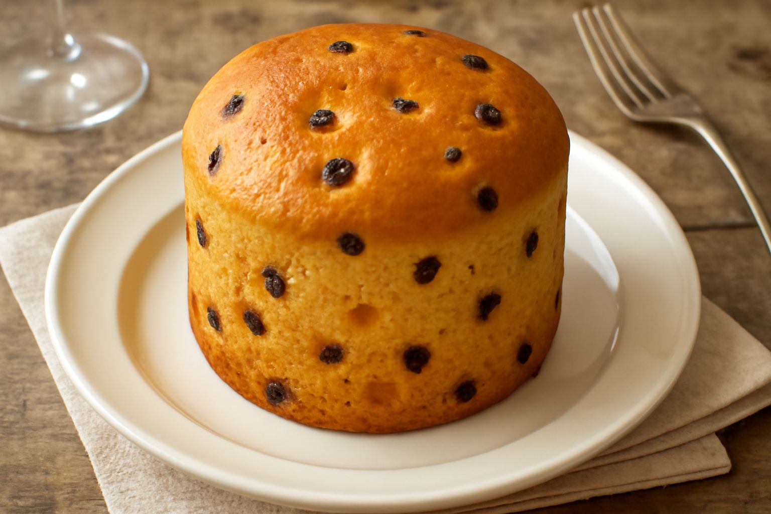 Panettone sulmonese affettato su piatto bianco, mollica color miele con uvetta scura e canditi gialli, forme cubiche fragranti disposte accanto a una tazza di caffè