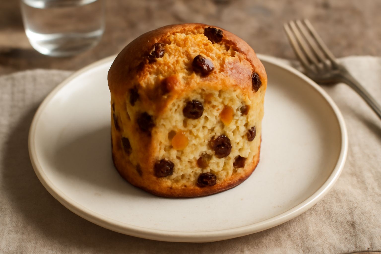 Panettone tascabile a fette su un tavolo di legno, colore dorato scuro con uvetta e canditi visibili, accanto a una tazza di caffè e una candela accesa
