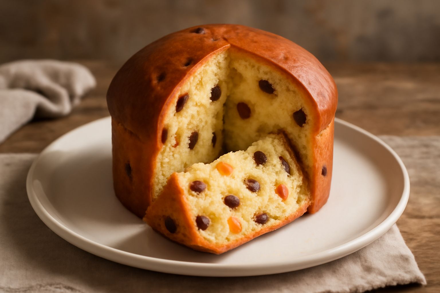 Panettone teramano a fette, colore dorato, uvetta e canditi visibili nella micrã, profilo arrotondato tipico, su piatto bianco con cornicino di carta, briciole leggere intorno