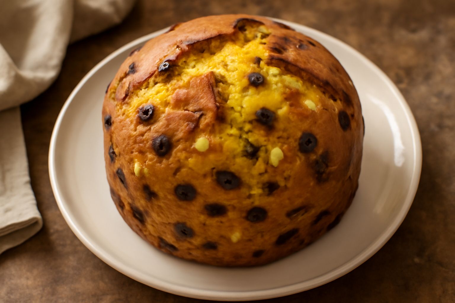 Panettone appena sfornato, dorato carico, con cupola rigonfia e spacchi naturali sulla superficie, accompagnato da fette che mostrano la mollica gialla con uvetta e canditi bianchi sparsi