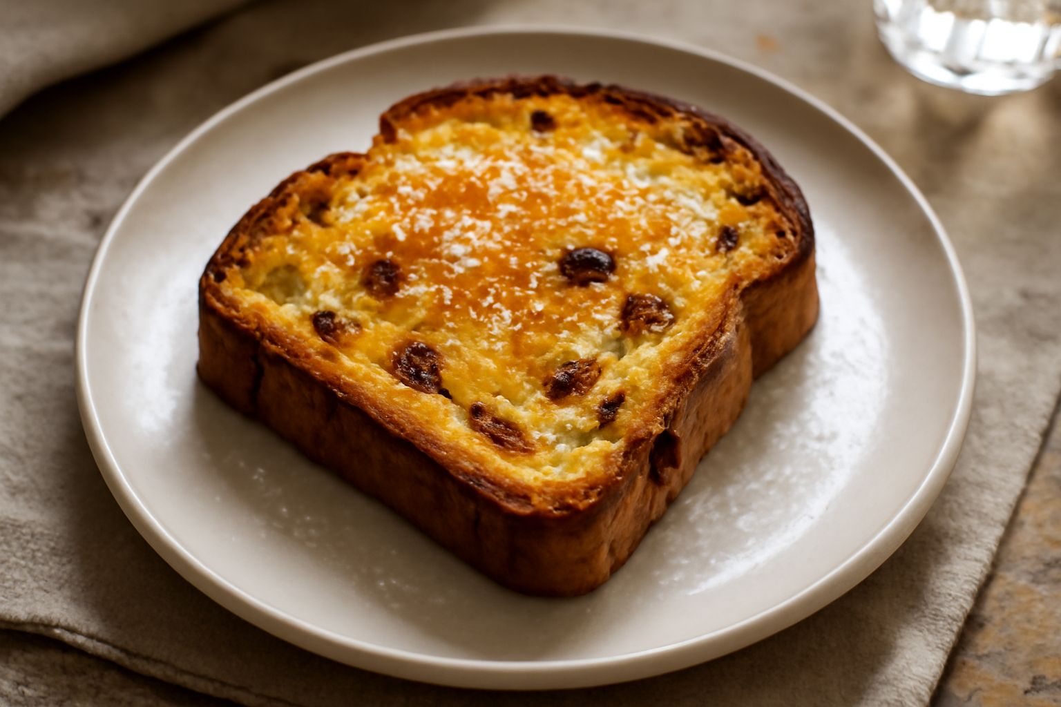 Due fette di panettone tostato dorate e croccanti, leggermente carbon-sature ai bordi, servite nel piatto bianco con cristalli di zucchero visibili sulla superficie
