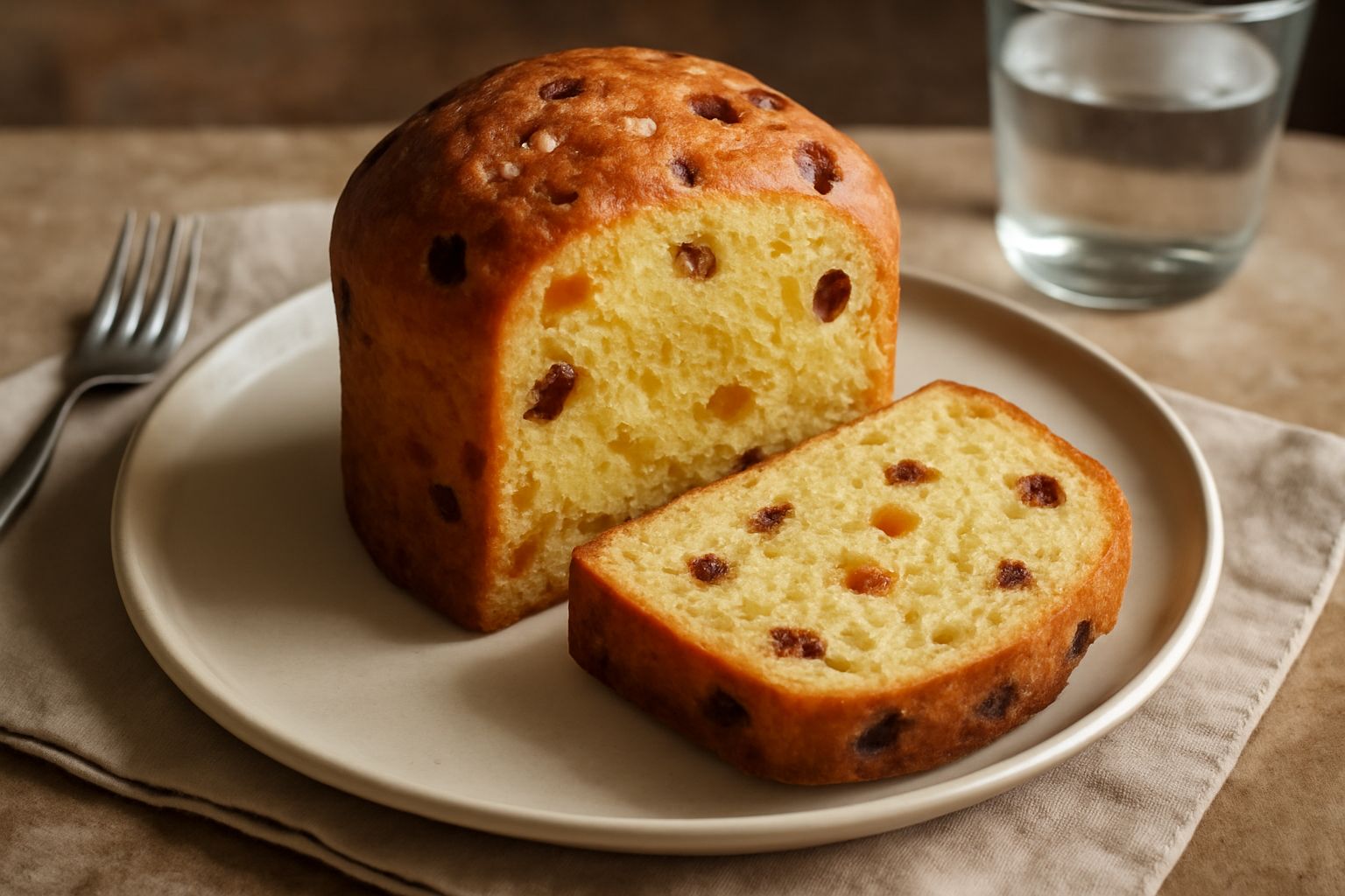 Panettone trapanese affettato su un piatto bianco, miga gialla e compatta con canditi d'arancia e uvetta visibili, contorno di dolcezza invernale
