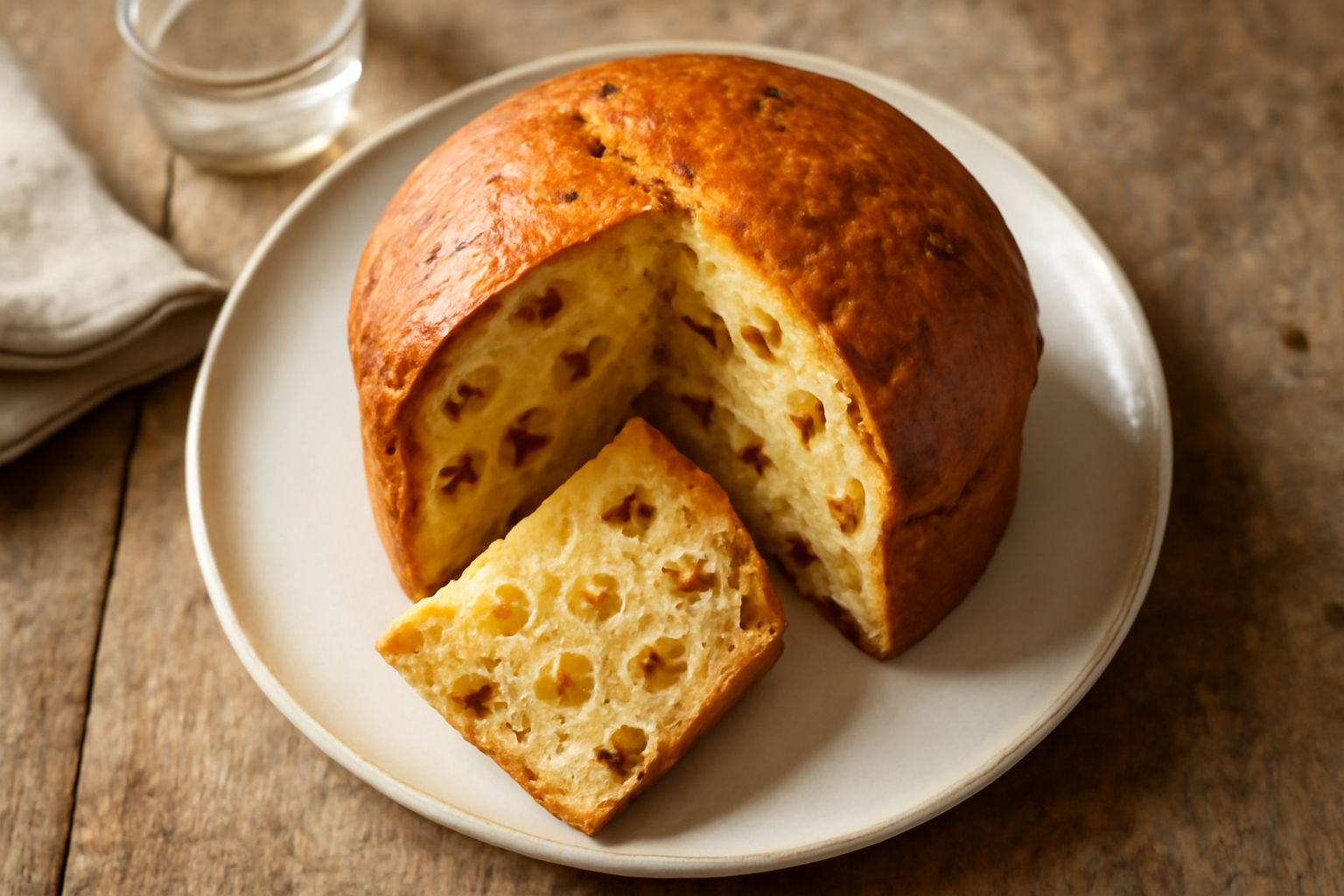 Panettone trentino dorato in sezione verticale, ripieno di uvetta bianca e canditi gialli, mollica soffice e porosa, servito su piatto bianco accanto a una tazza di latte