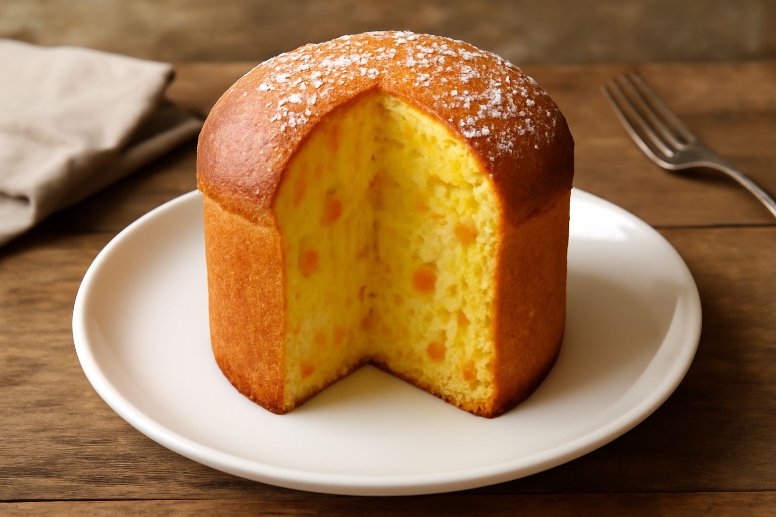 Panettone triestino affettato su un piatto bianco, con mollica gialla e soffice, frutta candita e uvetta visibili nella sezione, circondata da fette di panettone integro, con sfondo neutro e luce natu