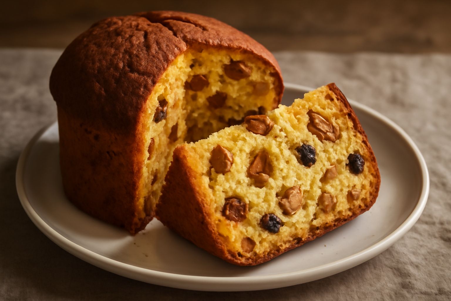 Panettone valdostano a fette su un piatto bianco, con crumb giallo-dorato visibile, pezzi di castagna intera e frutta candita distribuiti uniformemente, accanto una tazza di caffè