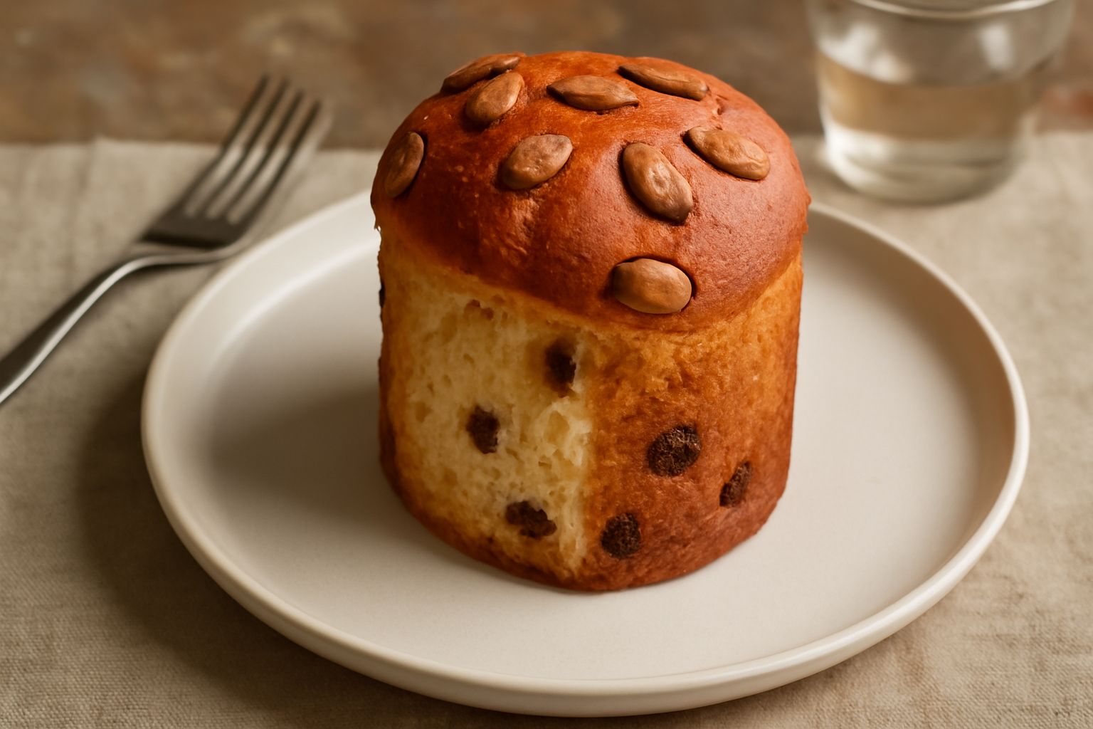 Panettone dorato con forma cilindrica alta, decorato in superficie con mandorle intere, tagliato a metà per mostrare l'interno soffice con uvetta e pezzetti di castagna, servito su un piatto bianco co