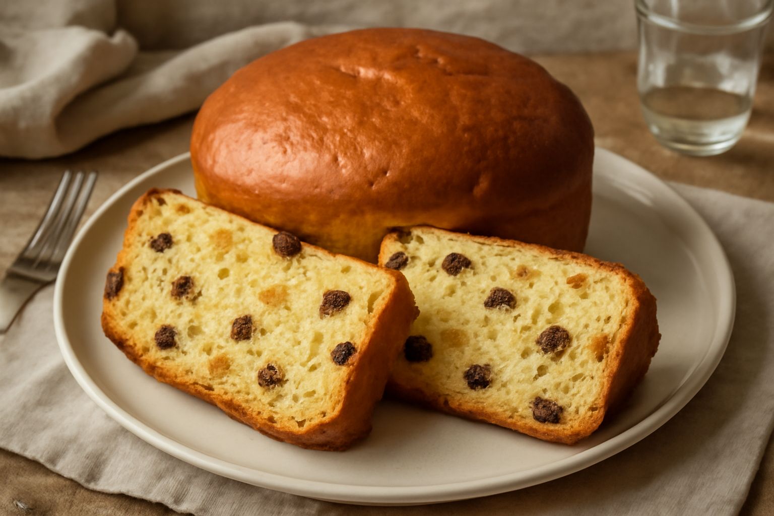 Panettone vaniglia intero tagliato a fette su un piatto di ceramica bianca, interno giallo chiaro con frutti canditi visibili, decorato con zucchero di canna sulla superficie, accanto una tazza di caf