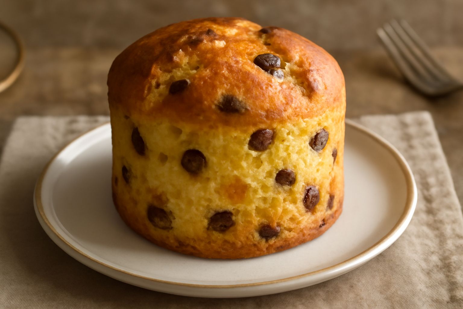 Panettone a fette su piatto bianco, miga gialla dorata con uvetta distribuita uniformemente e piccoli cubetti di candito visibili, con crema pasticcera a lato