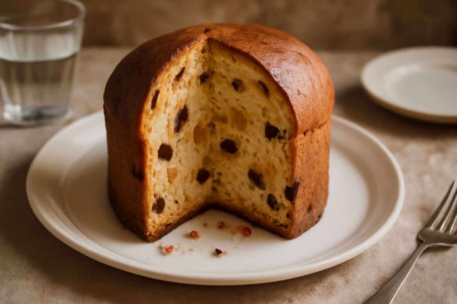 Panettone vibonese intero e affettato su tavolo di legno, colore dorato con visibili pezzi di uvetta e canditi, sopra piatto bianco, sfondo sfocato festivo con luci natalizie