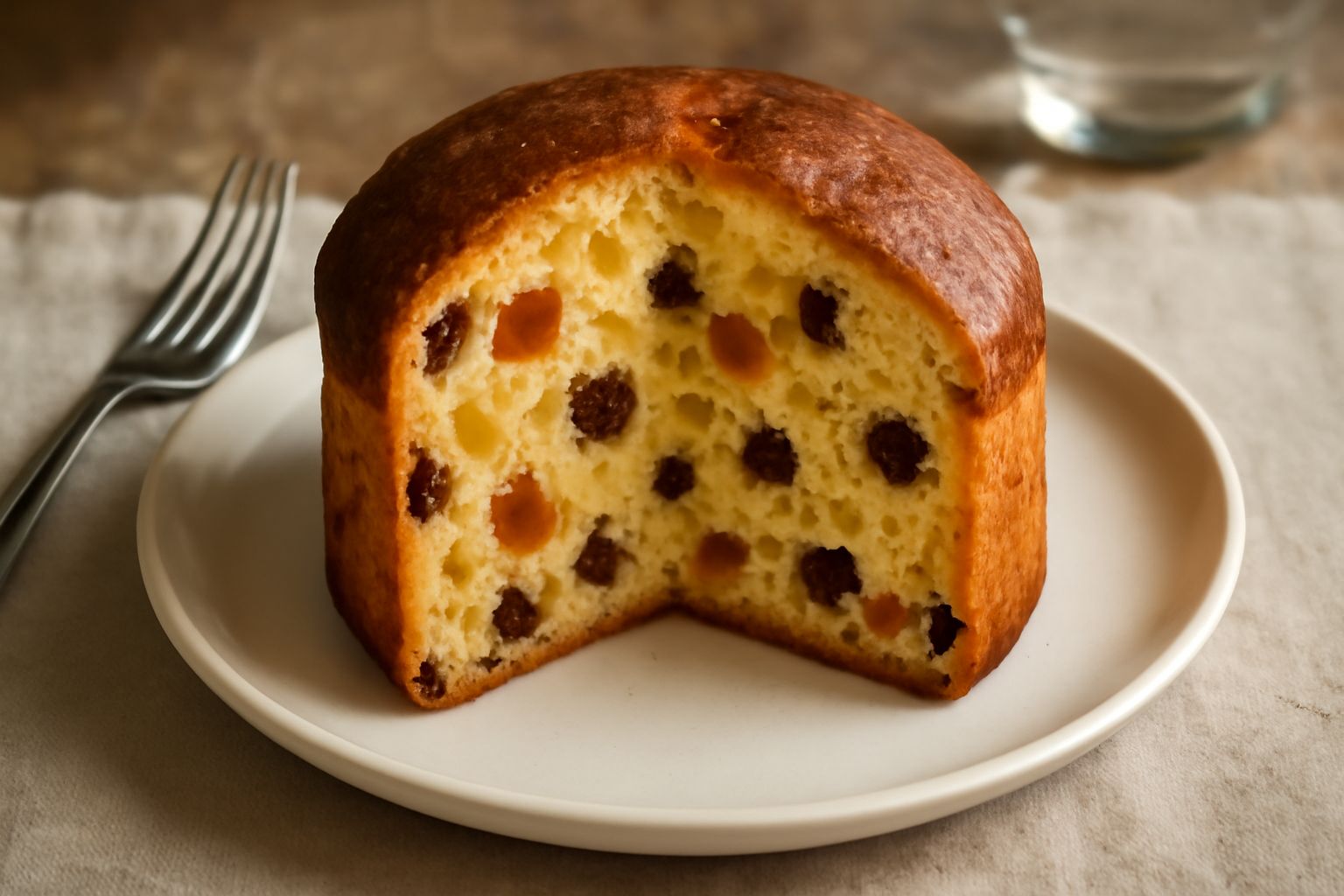 Panettone viterbese a fette in piatto bianco, con mollica giallo oro ben areata, visibili pezzi di cedro candito, arancia e uvetta scura distribuiti nella pasta, accompagnato da un coltello da dolci