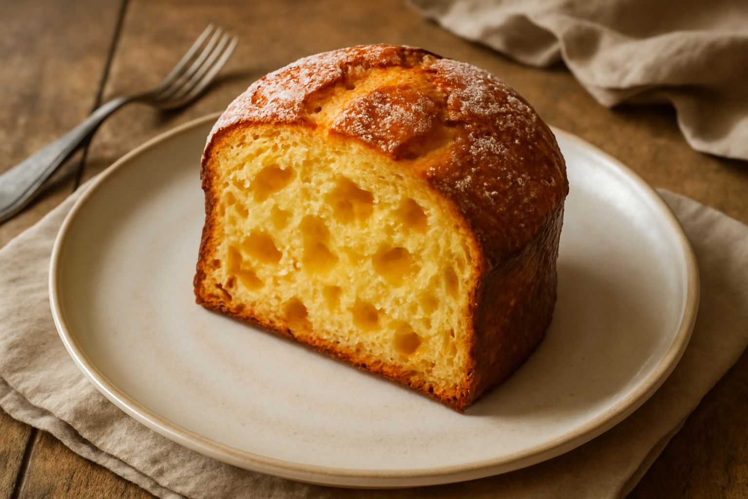 Panettone allo zenzero tagliato a fette, con crosta dorata e screpolata, interno giallo morbido punteggiato da canditi d'arancia e zenzero confettato, impiattato su piatto bianco con spolvero di zucch
