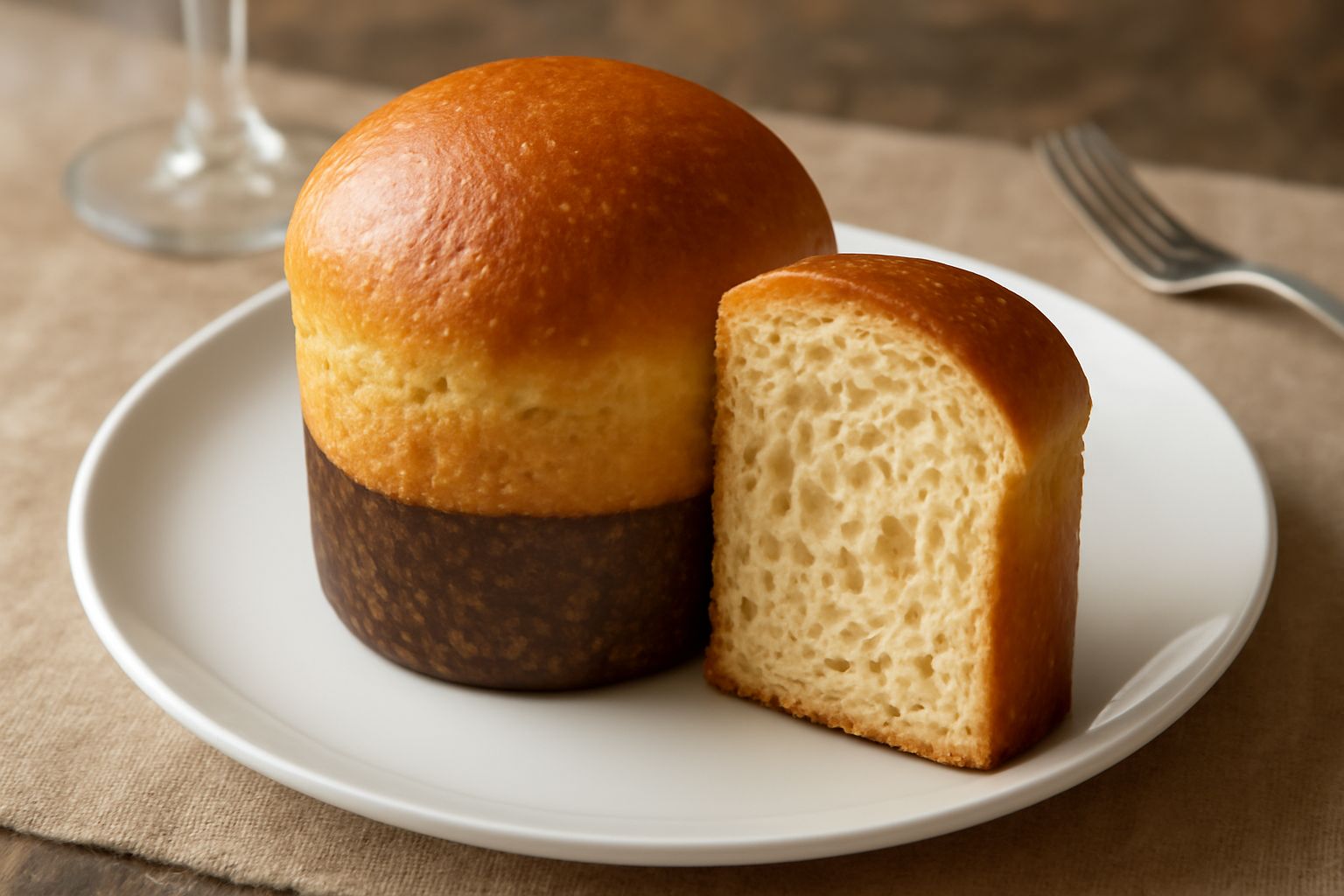 Una panettonedda dorata e gonfia in carta speciale panettone, tagliata a fette per mostrare l'interno soffice e la mollica irregolare e alveolata