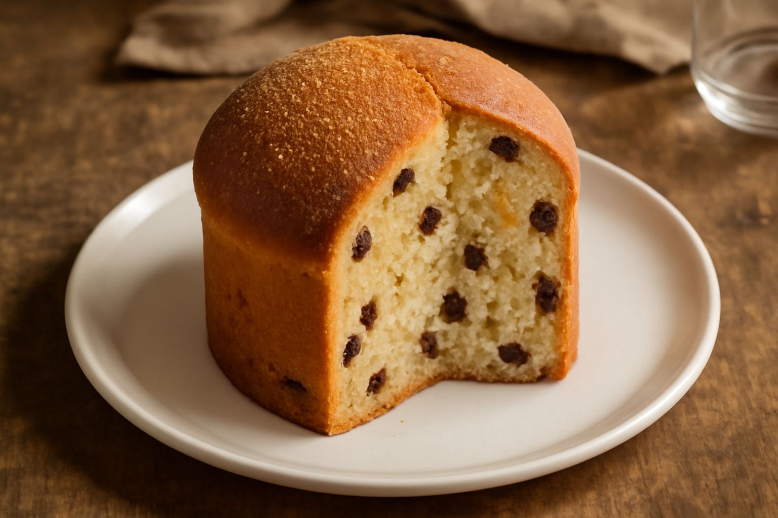 Panettone intero dorato appena sfornato, con canditi visibili sulla superficie, affettato parzialmente su un piatto bianco con una fetta di burro accanto