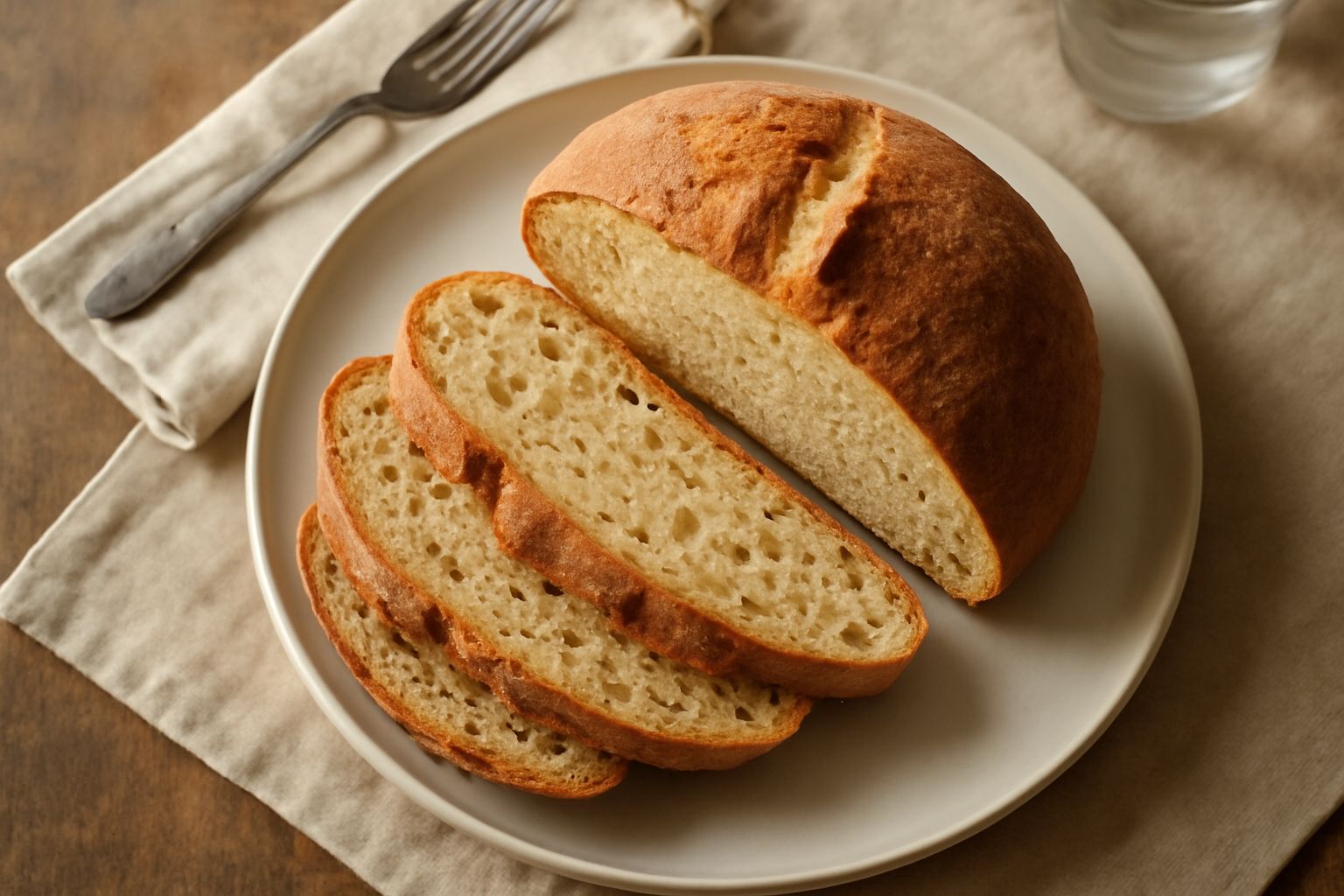Pane dolce dorato a forma di pagnotta, con superficie leggermente screpolata e croccante, spolverate di canditi gialli e rossi visibili in superficie, affettato e disposto su un canovaccio beige, inte