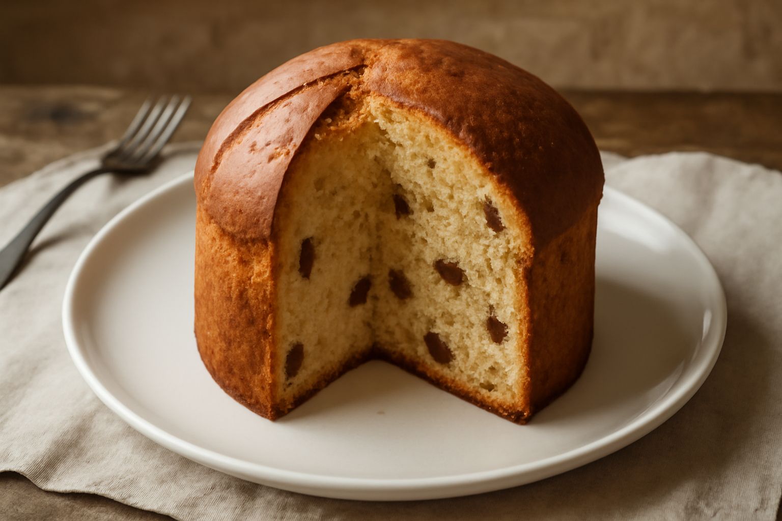 Panettu de caschettu appena sfornato, di colore dorato uniforme, con cupola alta e regolare, posato su piatto di ceramica bianca con sbriciolature visibili sulla superficie e una fetta già tagliata ch