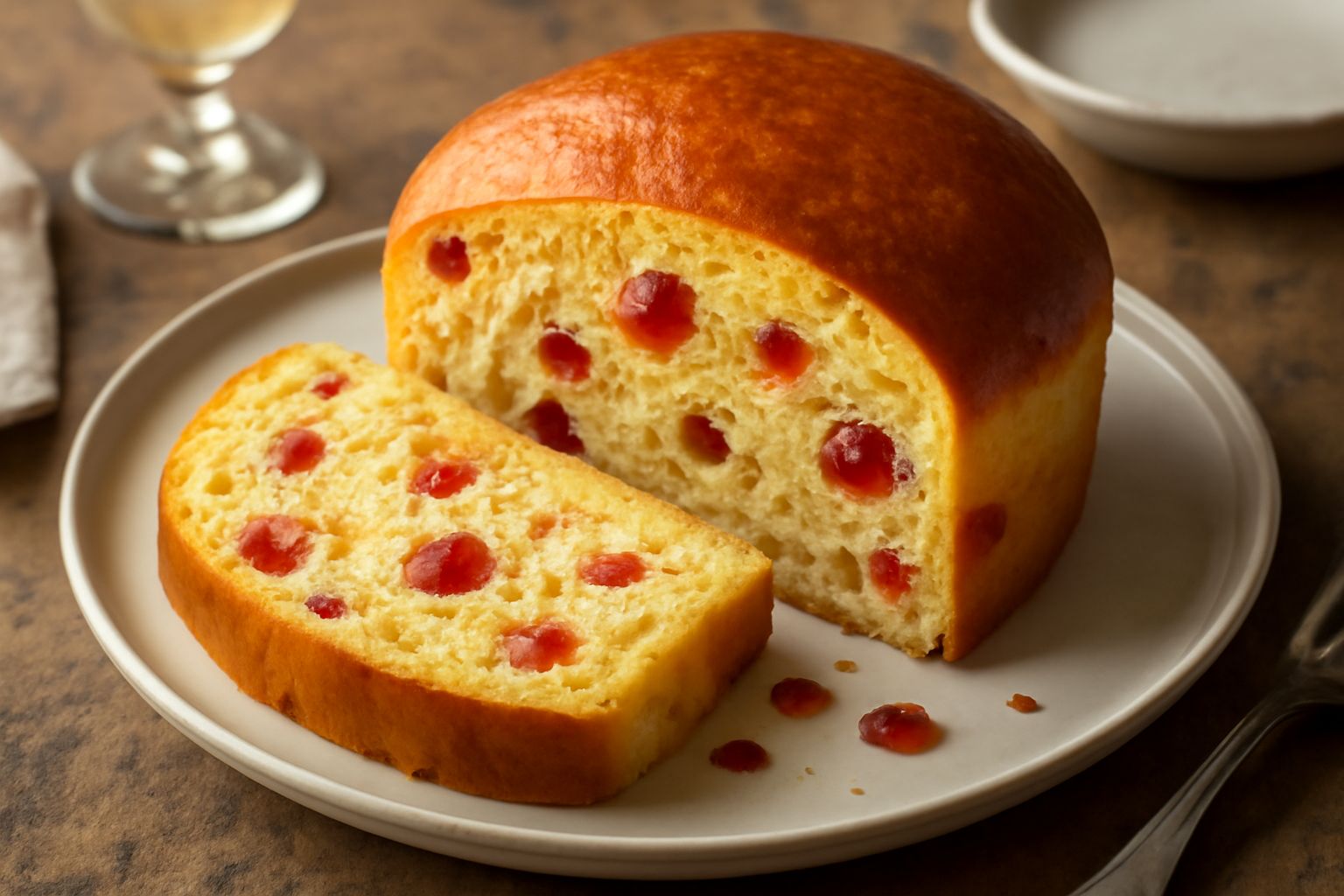 Un panettone dorato con ciliegie rosse e candite visibili nella miga, tagliato in fette che mostrano la pasta morbida giallognola e i frutti distribuiti uniformemente, su un piatto bianco