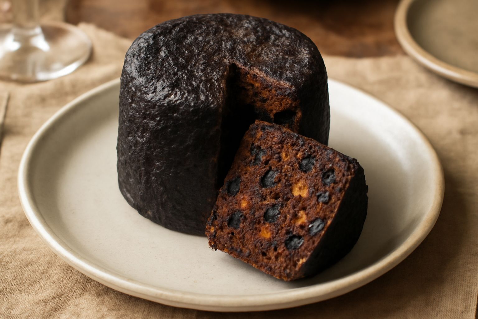 Panettu nieddu affettato su piatto bianco, mostrando l'interno scuro ricco di uvetta e canditi, con crosta dorata e superficie irregolare leggermente screpolata