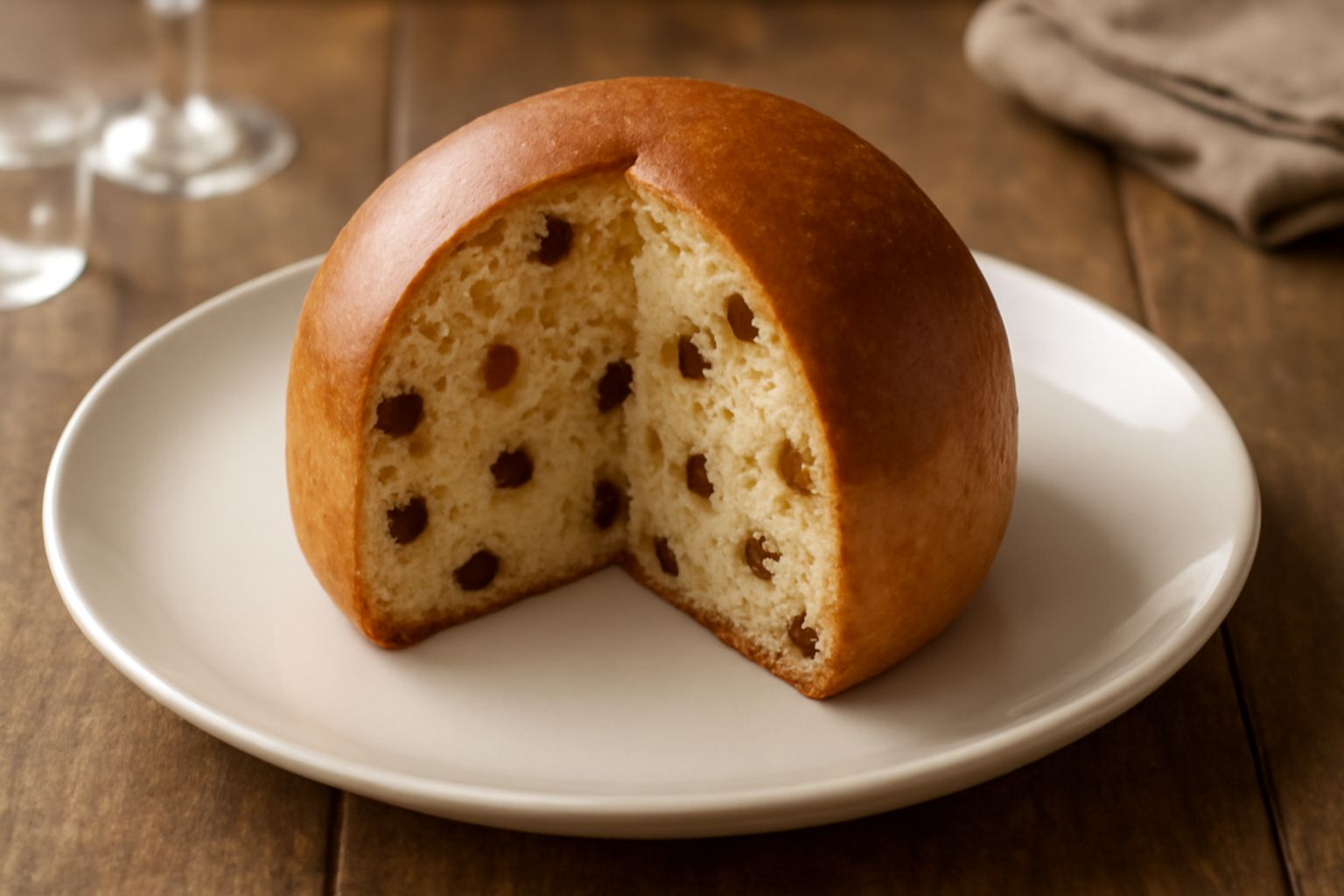 Panettu sardu intero tagliato a fette su un piatto bianco, con sfumature dorate e visibili pezzi di frutta candita gialla e arancione, profilo a cupola classico