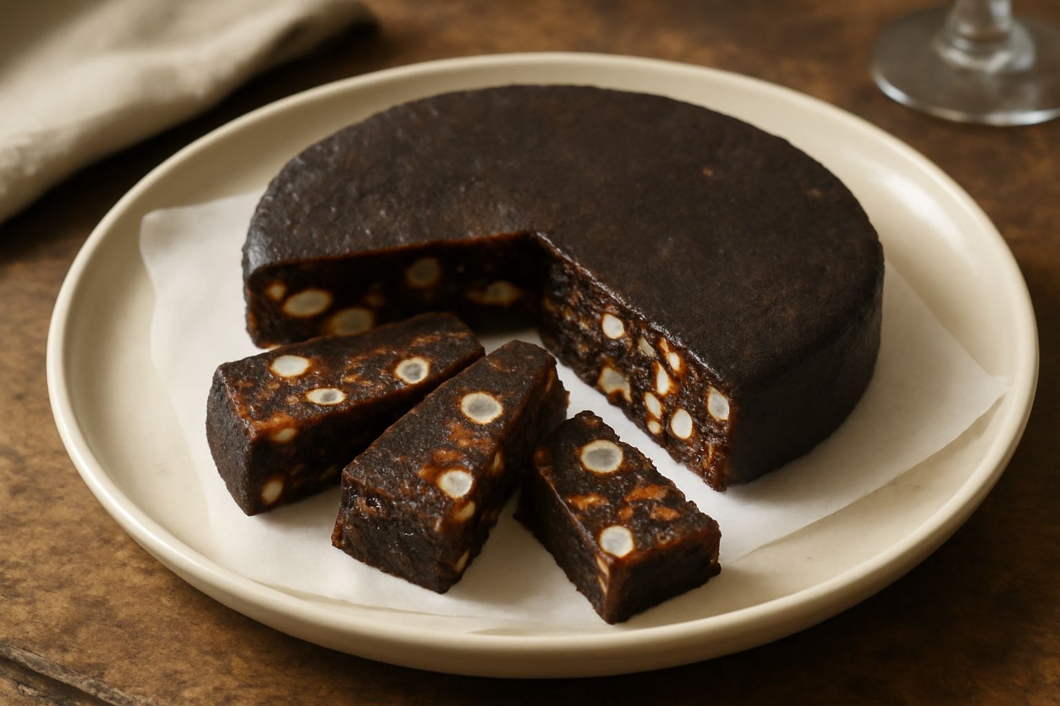 Panforte tagliato a fette esagonali su carta bianca, superficie scura e densa con frutta secca visibile, spolverata di zucchero a velo, sfondo grigio neutro
