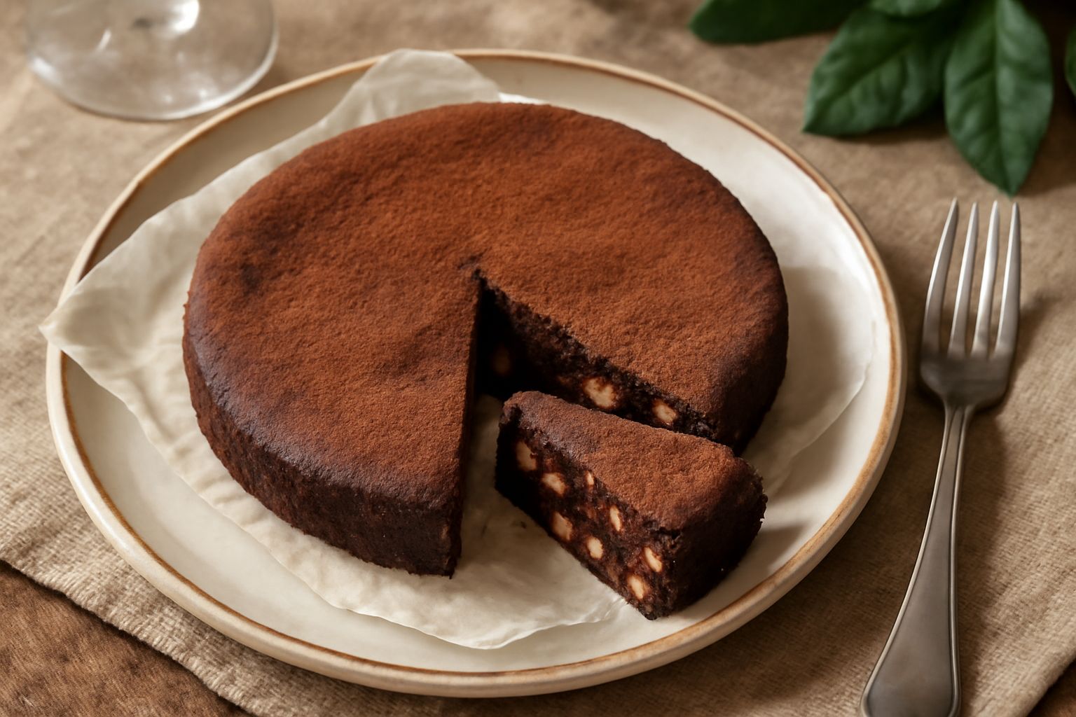 Panforte calabrese affettato, con sezione marrone scura, nocciole, uvetta e albicocche candite visibili, spolverato di cacao in polvere, su piatto di ceramica bianca
