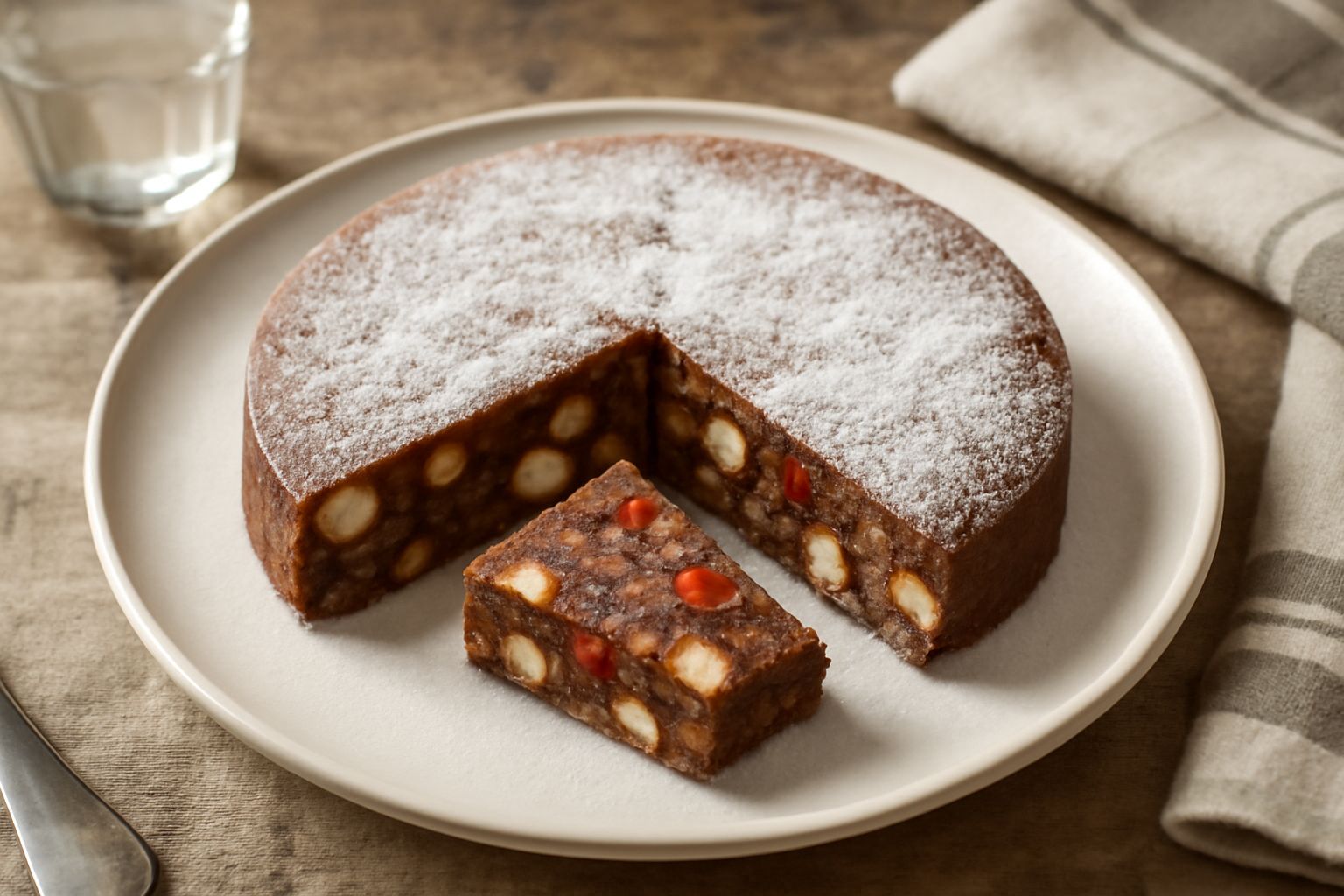 Panforte campano tagliato a fette su un piatto bianco, superficie marrone scura con spezie visibili, pezzi di frutta secca e canditi in evidenza, cosparso di zucchero a velo