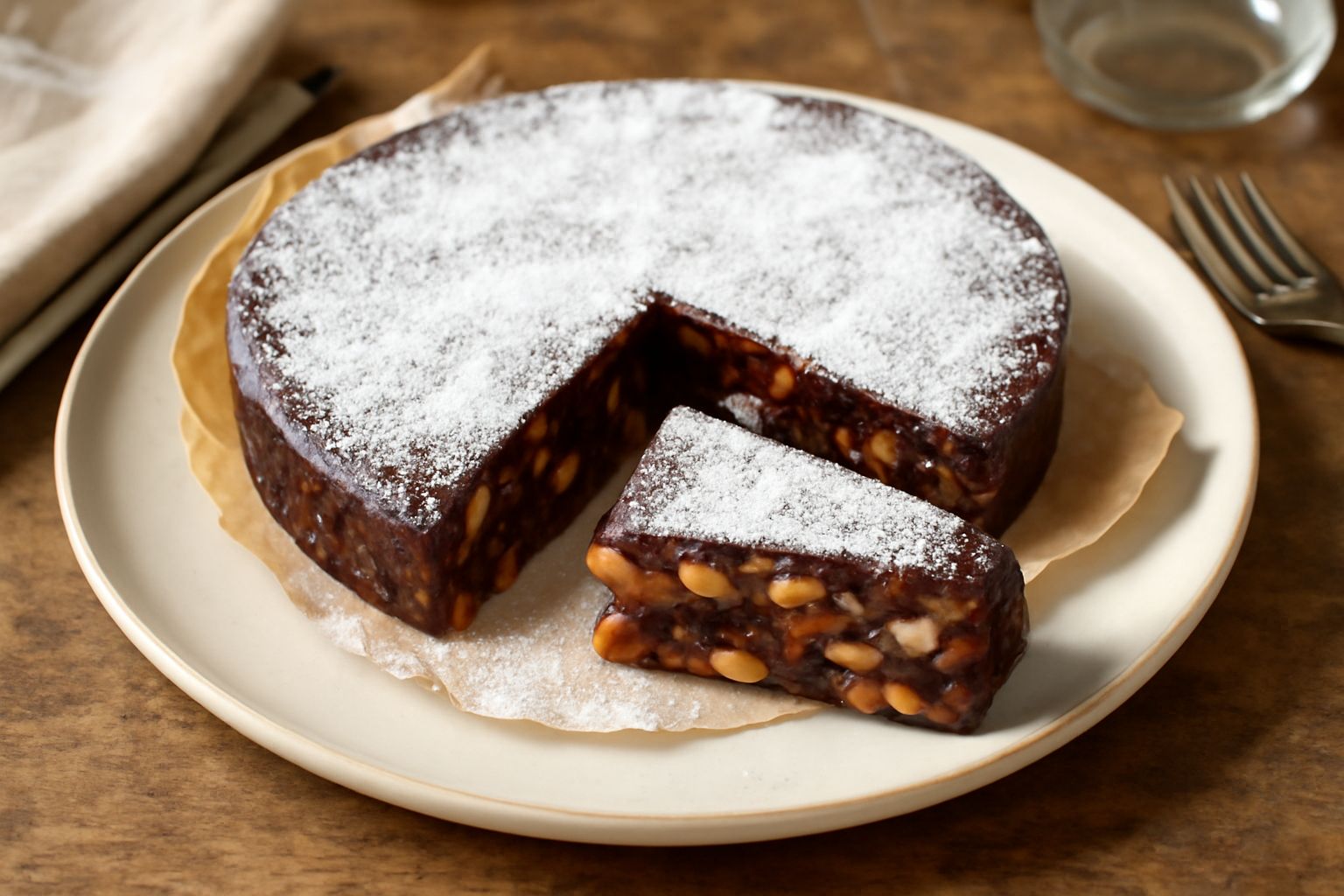 Panforte di Siena a fette su un piatto bianco, vista dall'alto. Colore marrone scuro, superficie ricoperta di zucchero a velo, visibili i pezzi di frutta candita e noci, tagliato in otto spicchi trian