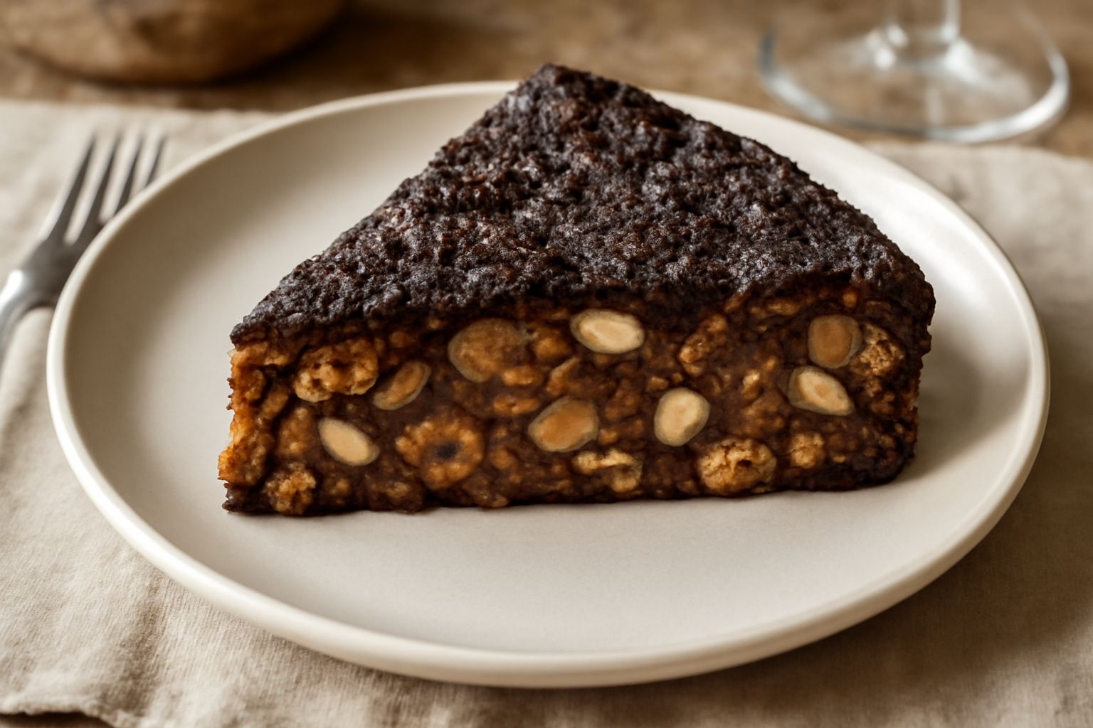 Fetta di panforte marchigiano scuro su piatto bianco, con superficie rugosa e croccante, visibili frammenti di noci e mandorle, spolverato di zucchero a velo