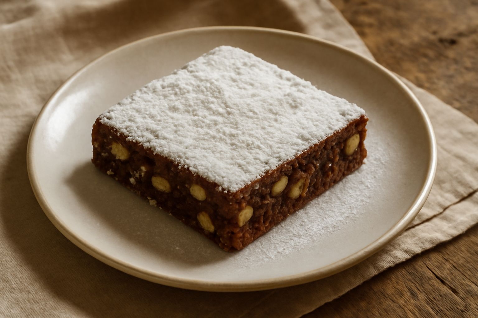 Panforte messinese affettato, color marrone scuro con visibili pezzetti di frutta secca e noci, coperto di zucchero a velo bianco, su piatto scuro con una tazza di caffè sfocata sullo sfondo