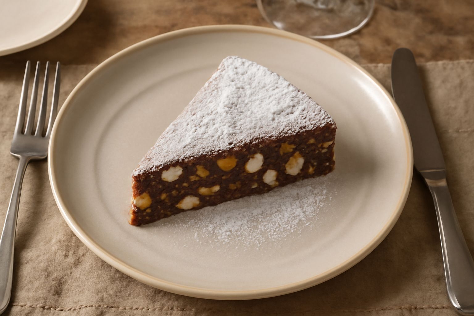 Fetta di panforte modenese su piatto bianco, che mostra la struttura densa con nocciole, mandorle, uva passa e canditi visibili, spolverato di zucchero a velo
