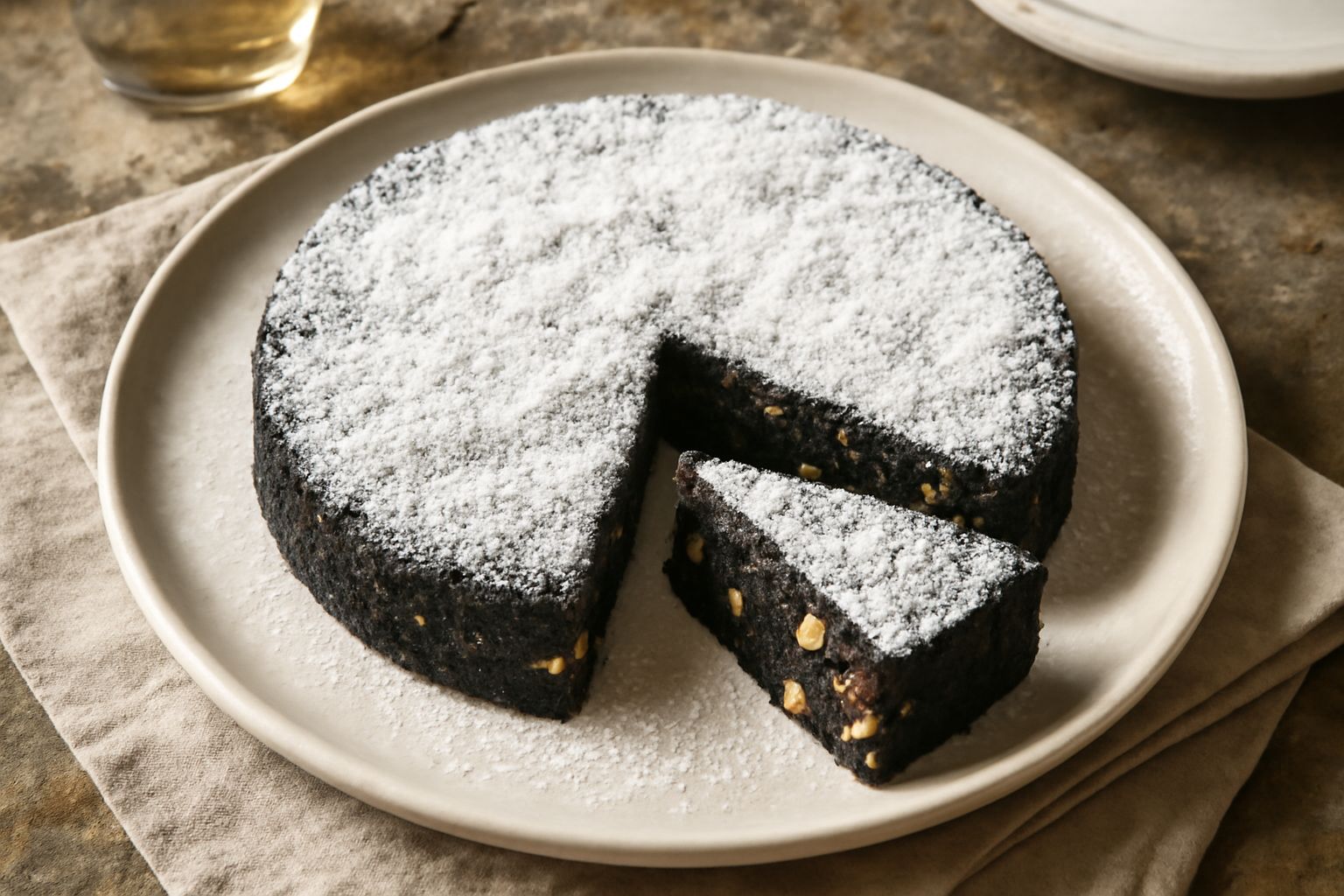 Fetta di panforte palermitano color marrone scuro coperta di zucchero a velo, con noci visibili nella sezione, servita su piatto bianco