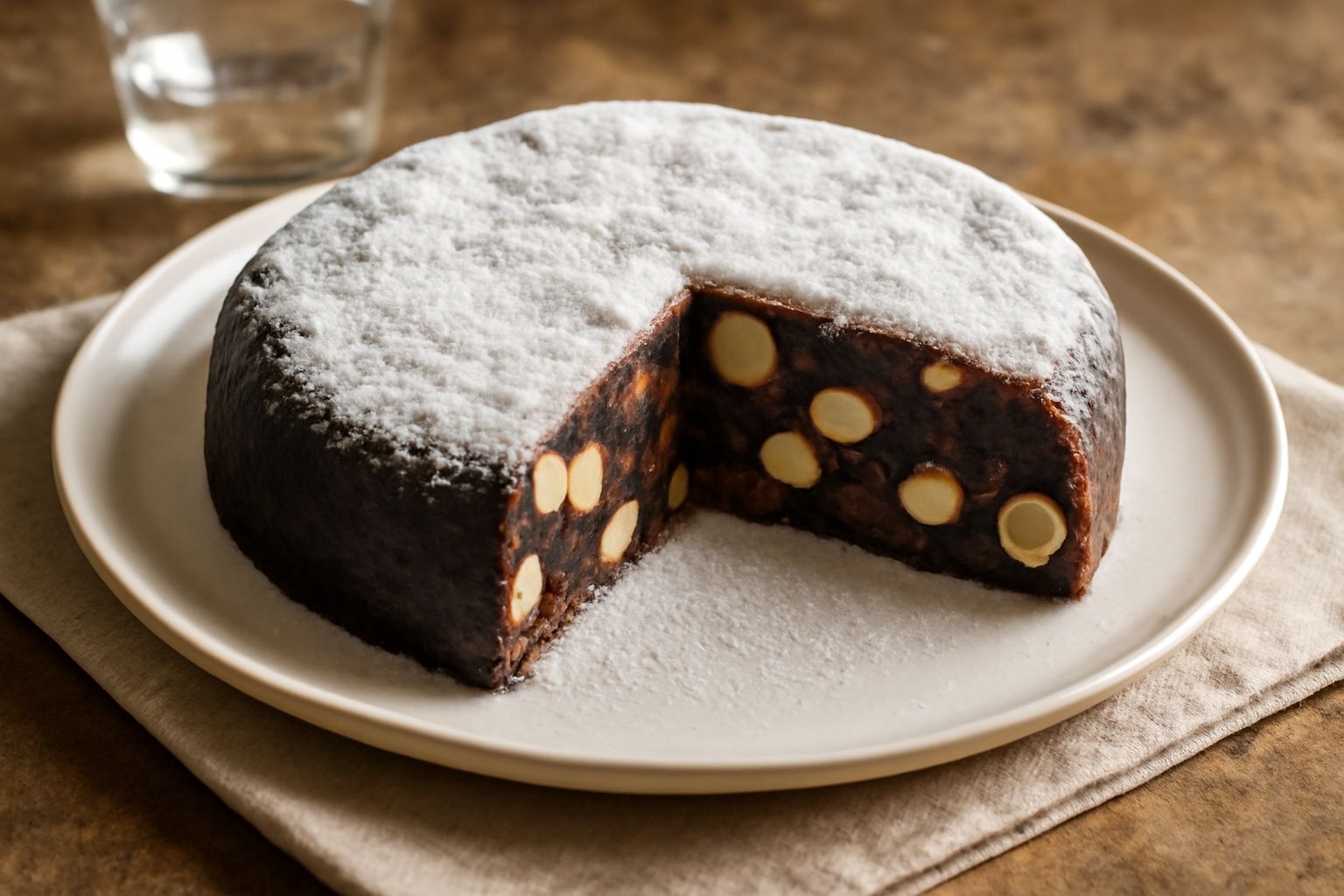 Panforte trentino affettato su tavolo di legno, si vede l'interno denso e scuro con mandorle e frutta secca visibili, coperto di zucchero a velo bianco sulla superficie