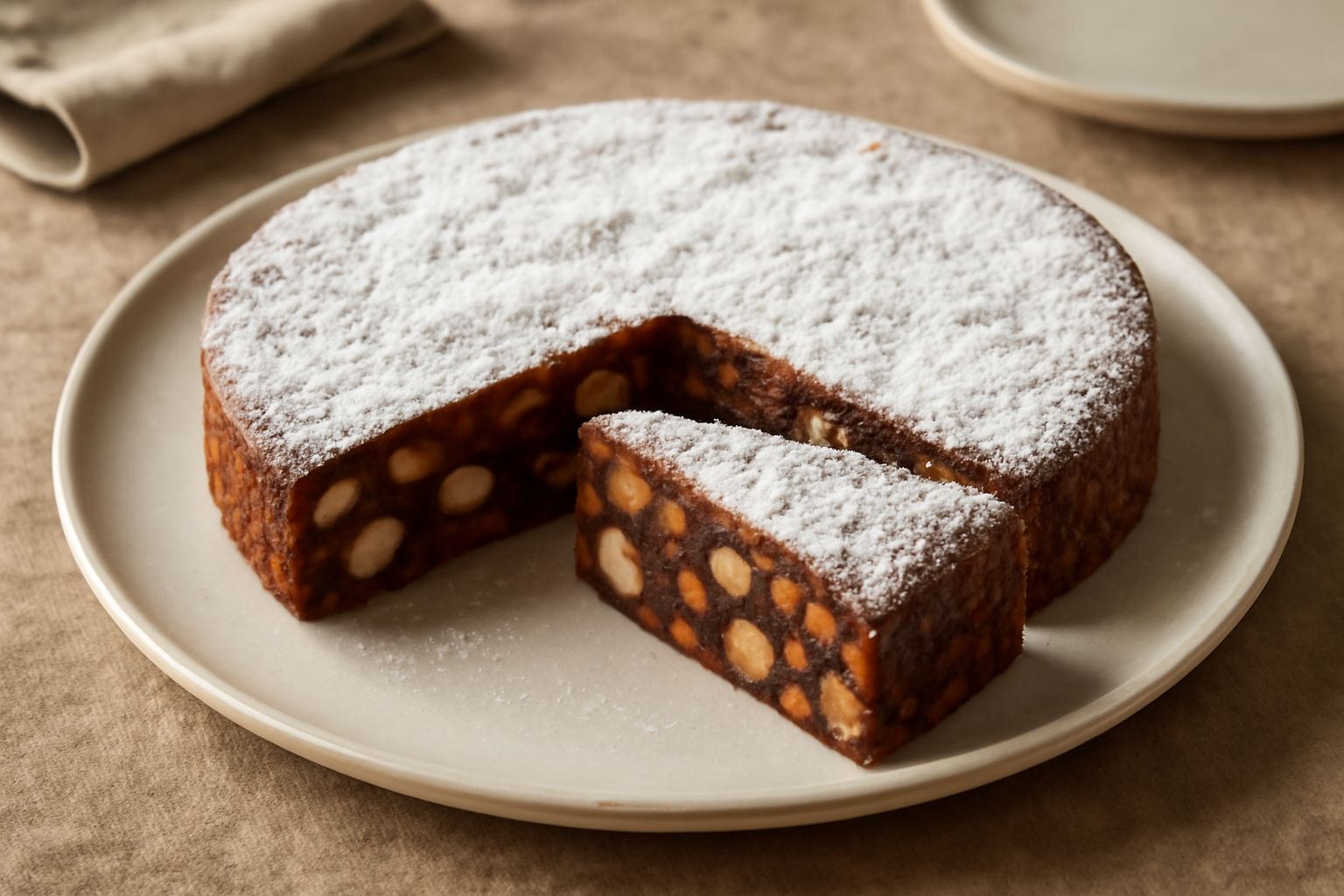 Un panforte veneto affettato su piatto bianco, spolverat
o di zucchero a velo, che mostra all'interno mandorle tostate, uvetta e canditi, con colore marrone scuro e consistenza densa
