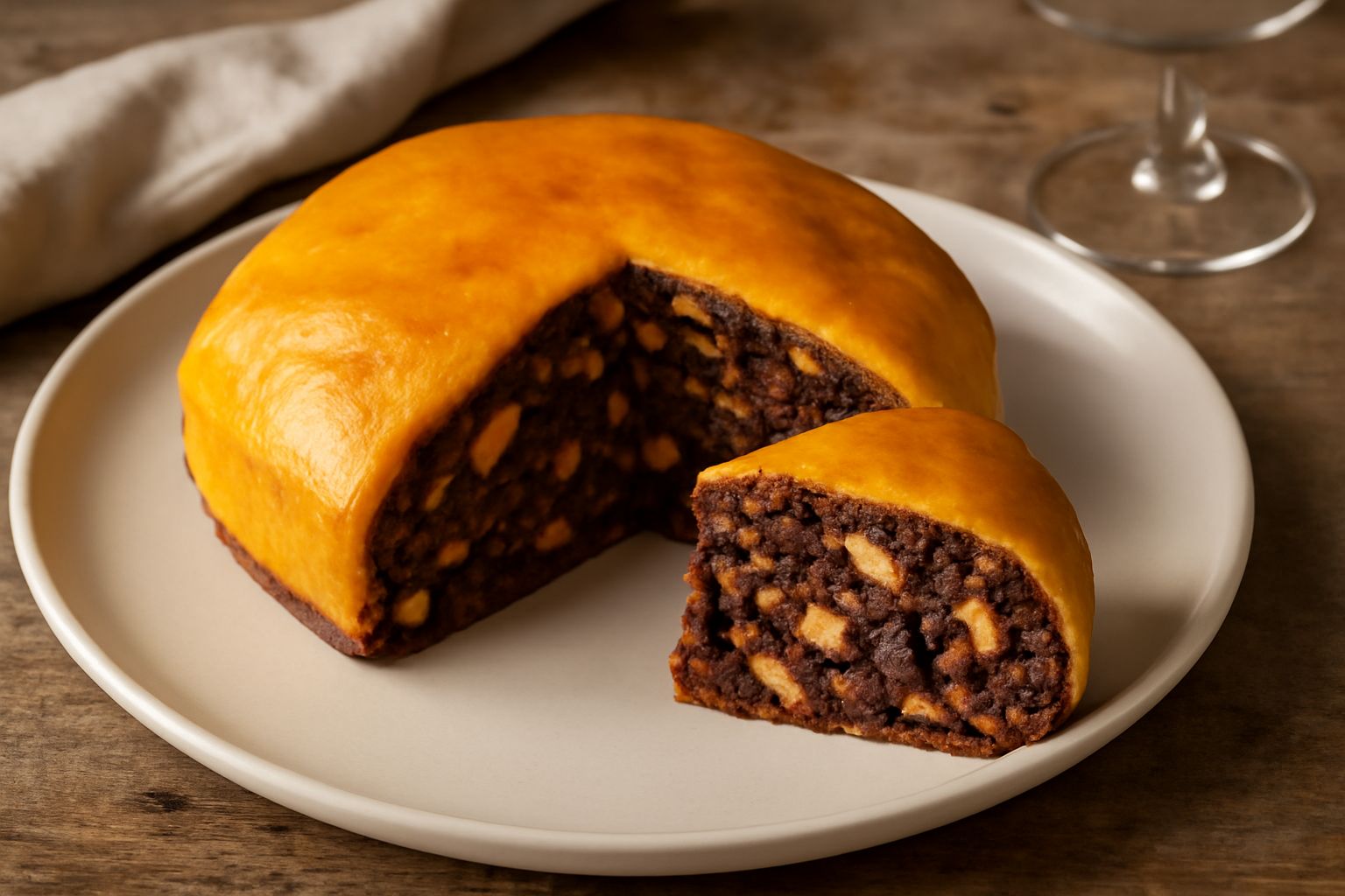 Fetta di pangiallo marchigiano su un piatto bianco, con superficie dorata e compatta, punteggiata di frutta secca e semi di anice; sullo sfondo una tazza di caffè e altre fette tagliate