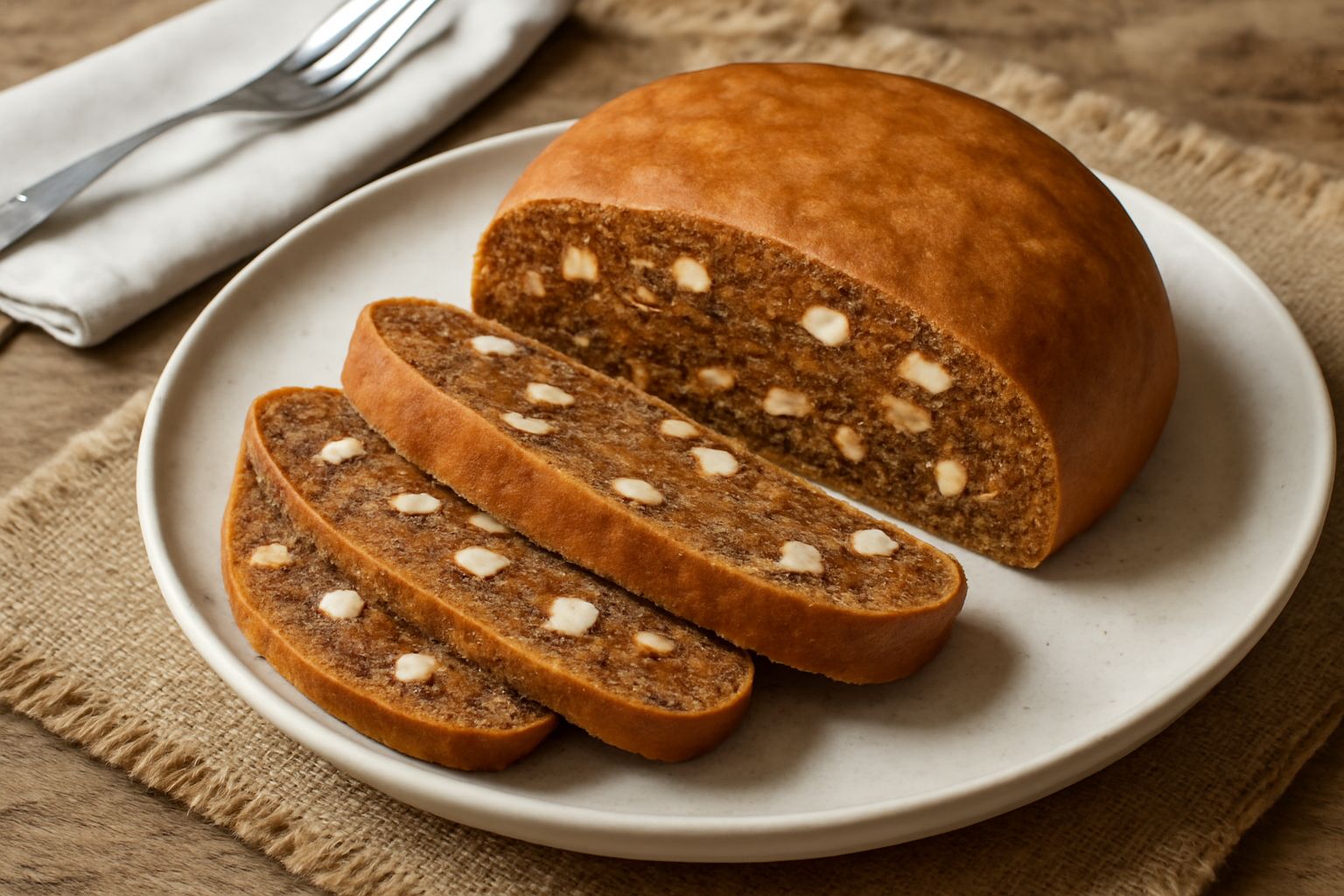 Pangiallo piemontese affettato su un piatto bianco, spessore di circa due centimetri, colore marrone dorato con visibili frammenti di mandorle e noci, texture compatta e omogenea