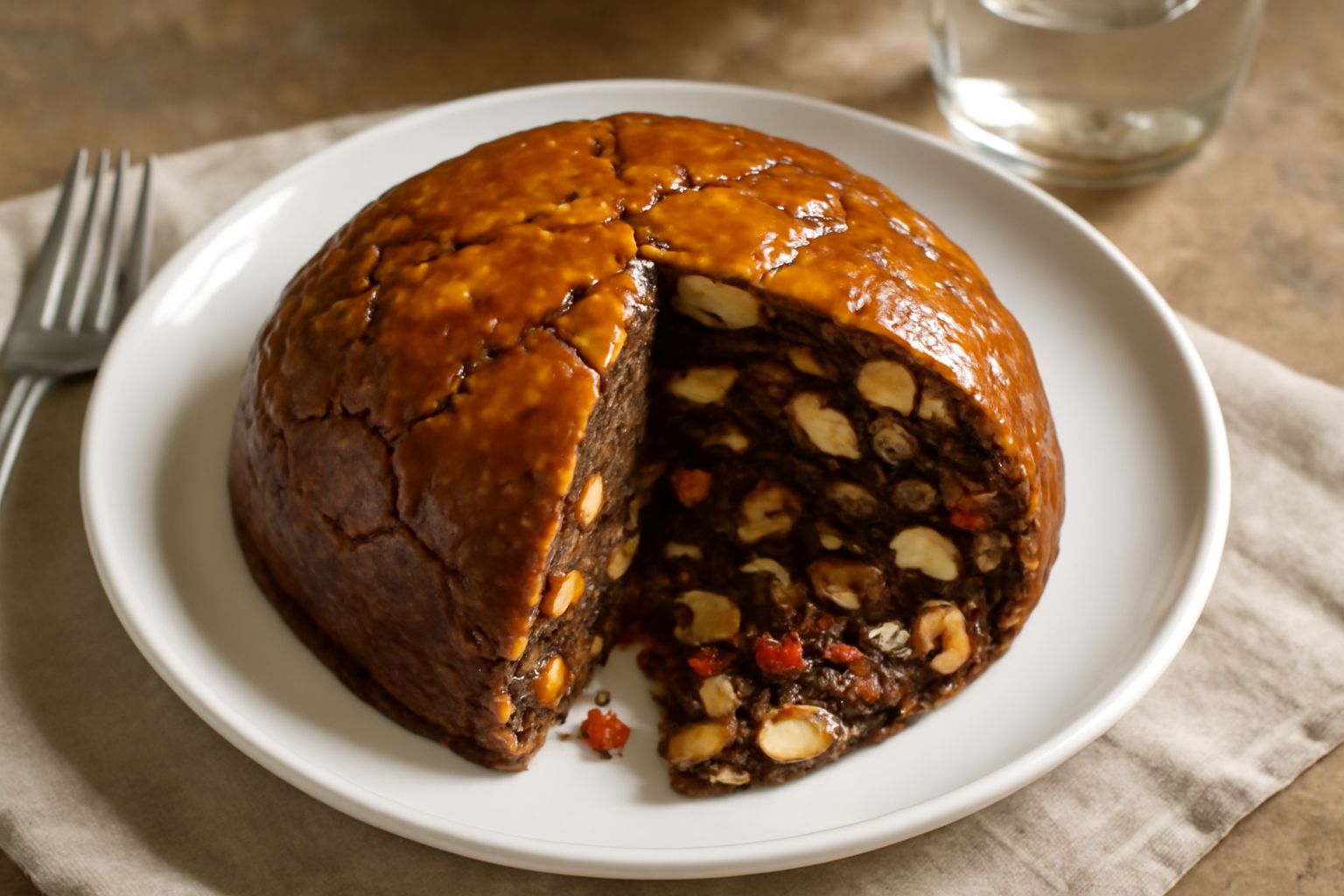 Pangiallo intero su carta bianca, di forma rotonda e schiacciata, con superficie dorata e screpolata, visibili pezzi di frutta candita e noci, tagliato a spicchio con interno denso e miele fluido tra 