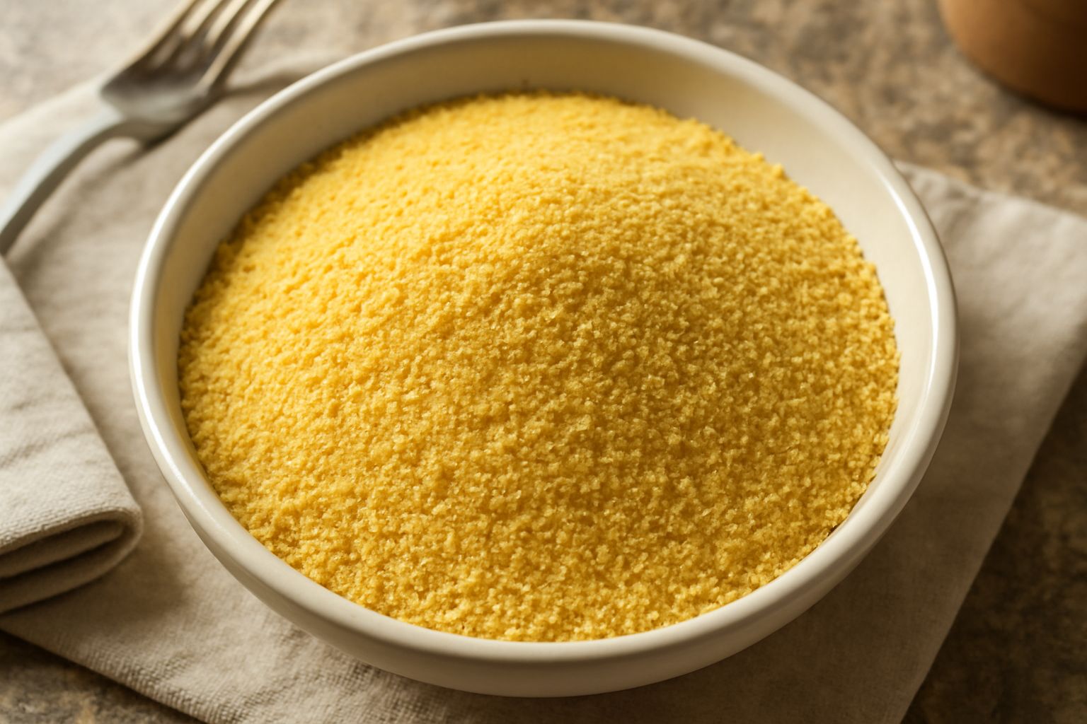 Pangrattato dorato e uniforme in una ciotola bianca di ceramica, con accanto fette di pane tostato e un coltello piccolo su un tavolo di legno naturale