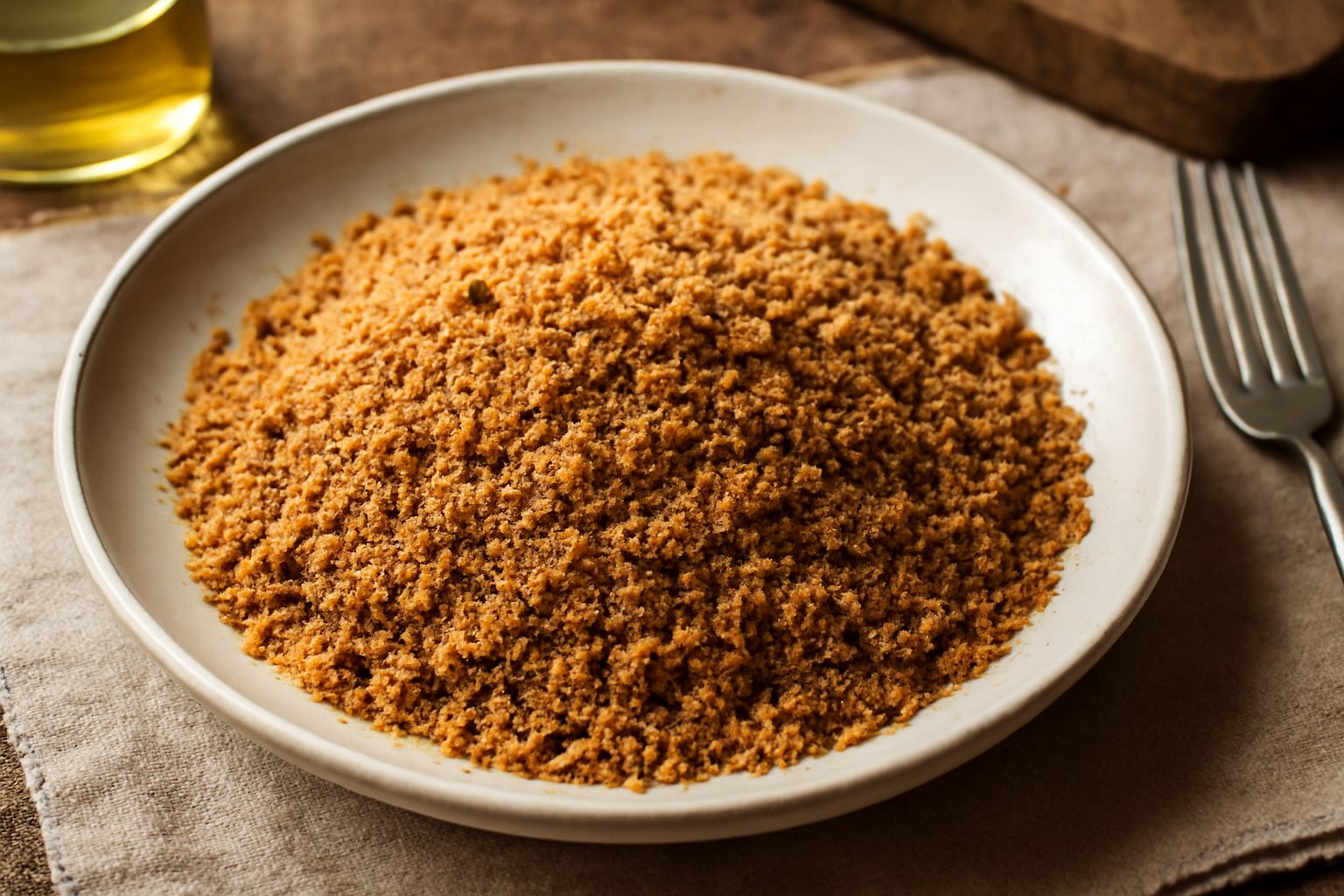 Pangrattato dorato con acciughe, aglio e olio disposto in una ciotola di ceramica con accanto fette di pane fresco e filetti di acciuga interi