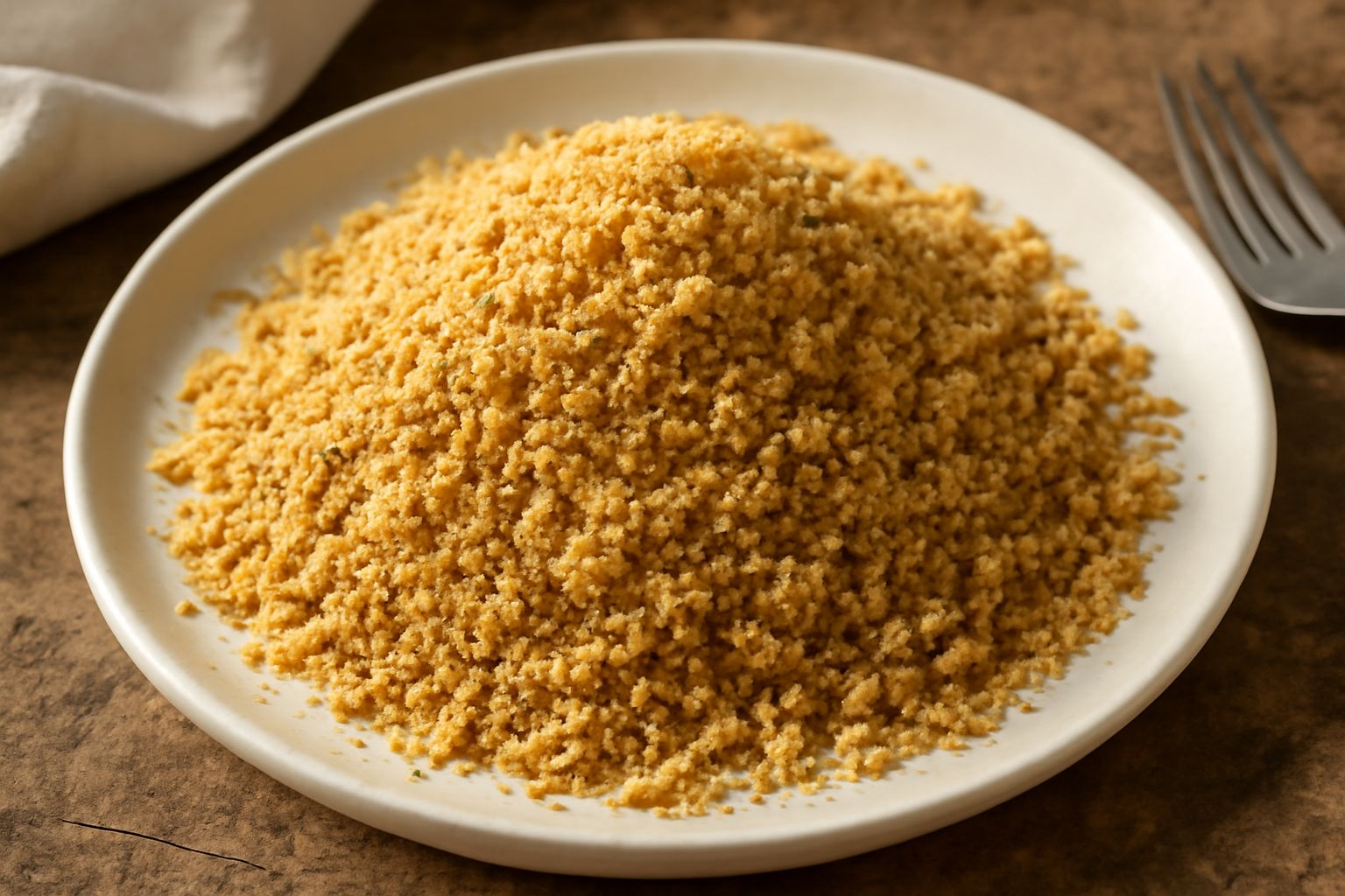 Pangrattato condito biondo e uniforme in una ciotola di ceramica bianca, con visible granelli di aglio secco e tracce verdi di prezzemolo secco, accanto a mezza pagnotta di pane toscano