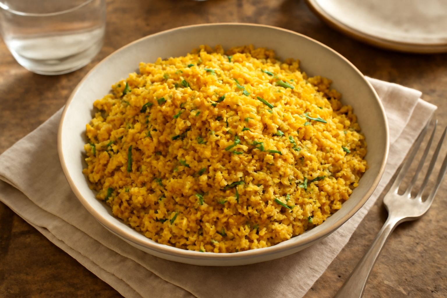Pangrattato dorato granuloso in una ciotola di ceramica bianca, cosparso di aghi di rosmarino verde e pelucchetti di scorza di limone giallo brillante, su un piano di legno naturale con accanto un pez