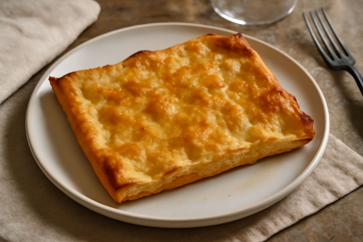 Focaccia rettangolare dorata e croccante con piccoli buchi sulla superficie e gocce di olio d'oliva, tagliata in rettangoli, su carta bianca